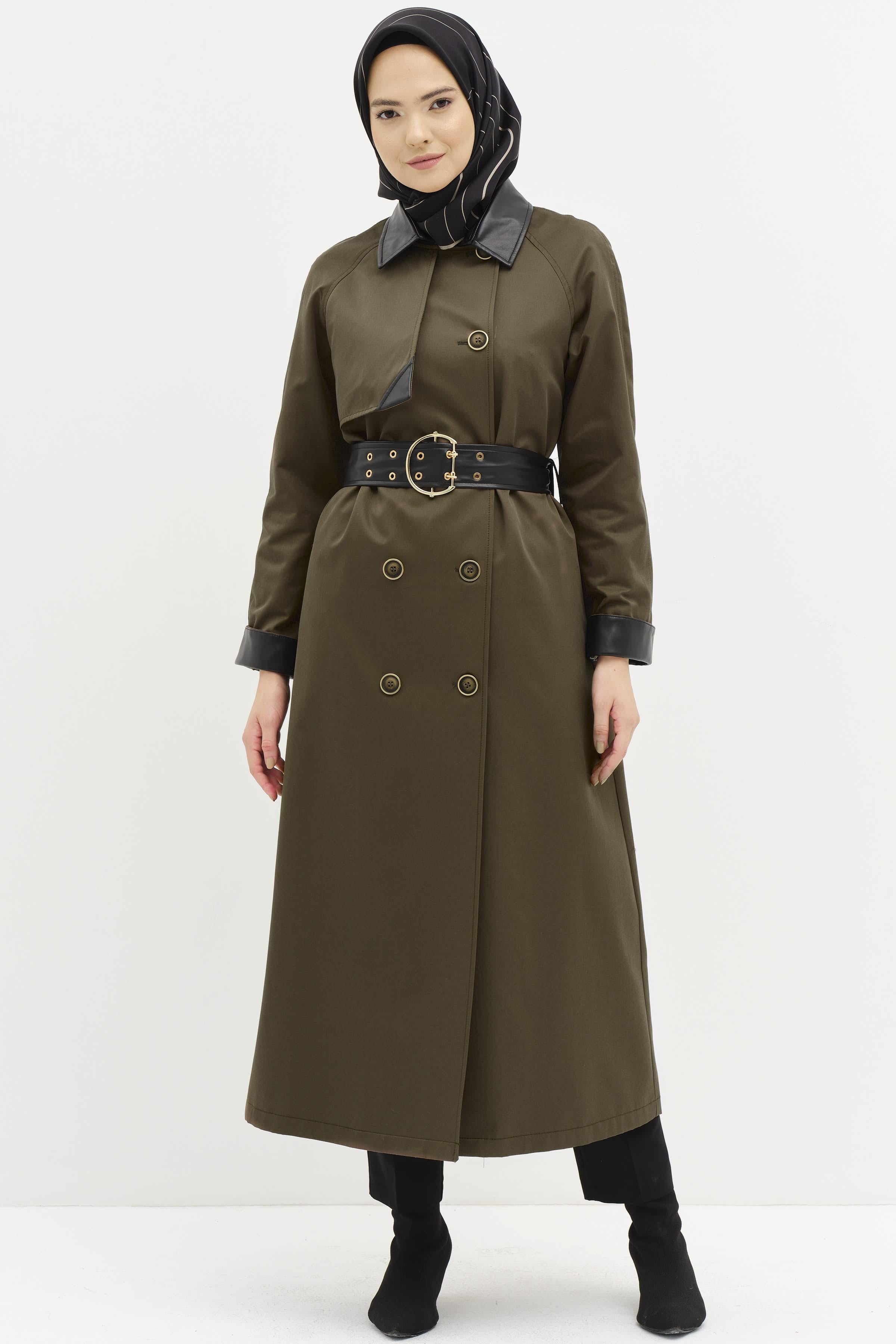 Deri Garnili Kuşgözlü Kemer Detaylı Trençkot - Haki TUGBA