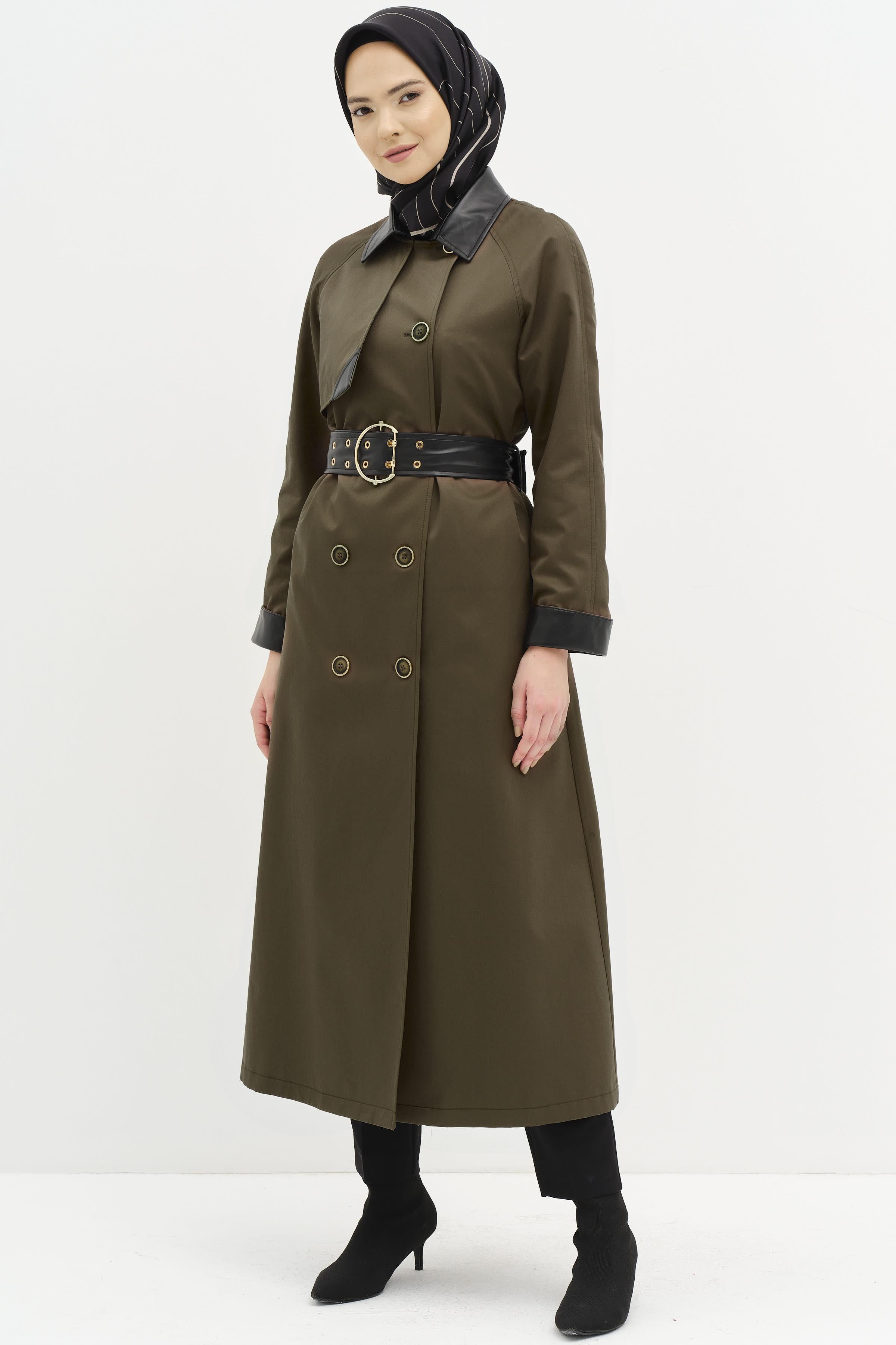 Deri Garnili Kuşgözlü Kemer Detaylı Trençkot - Haki TUGBA