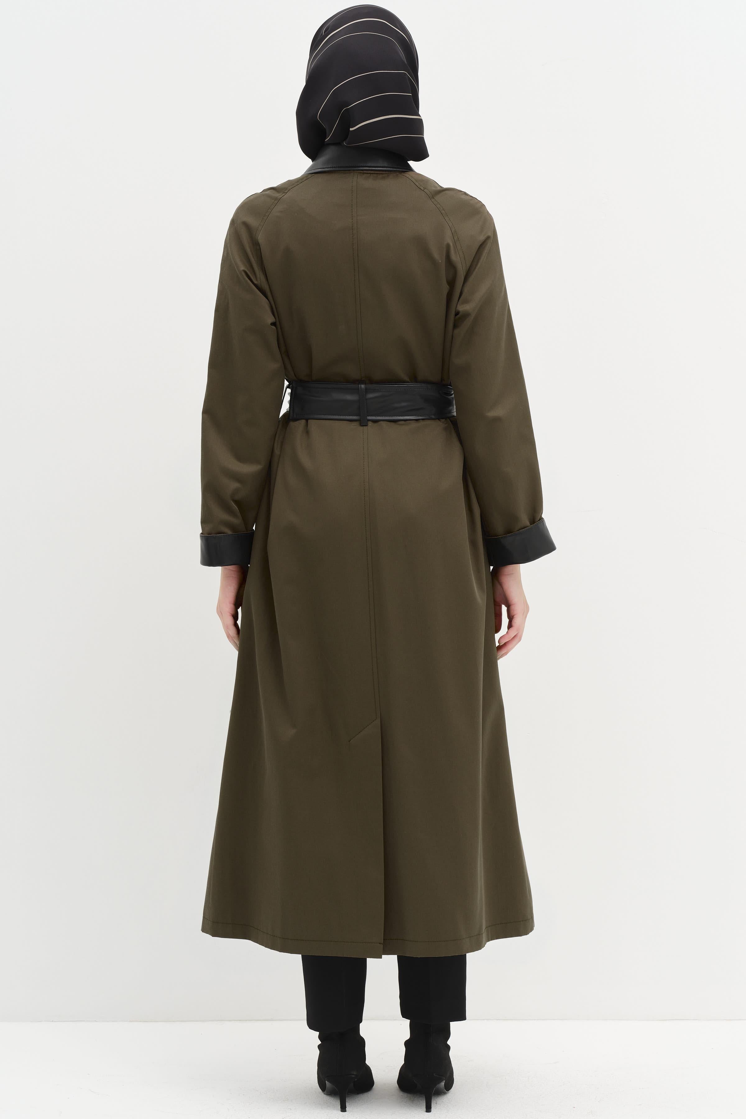 Deri Garnili Kuşgözlü Kemer Detaylı Trençkot - Haki TUGBA