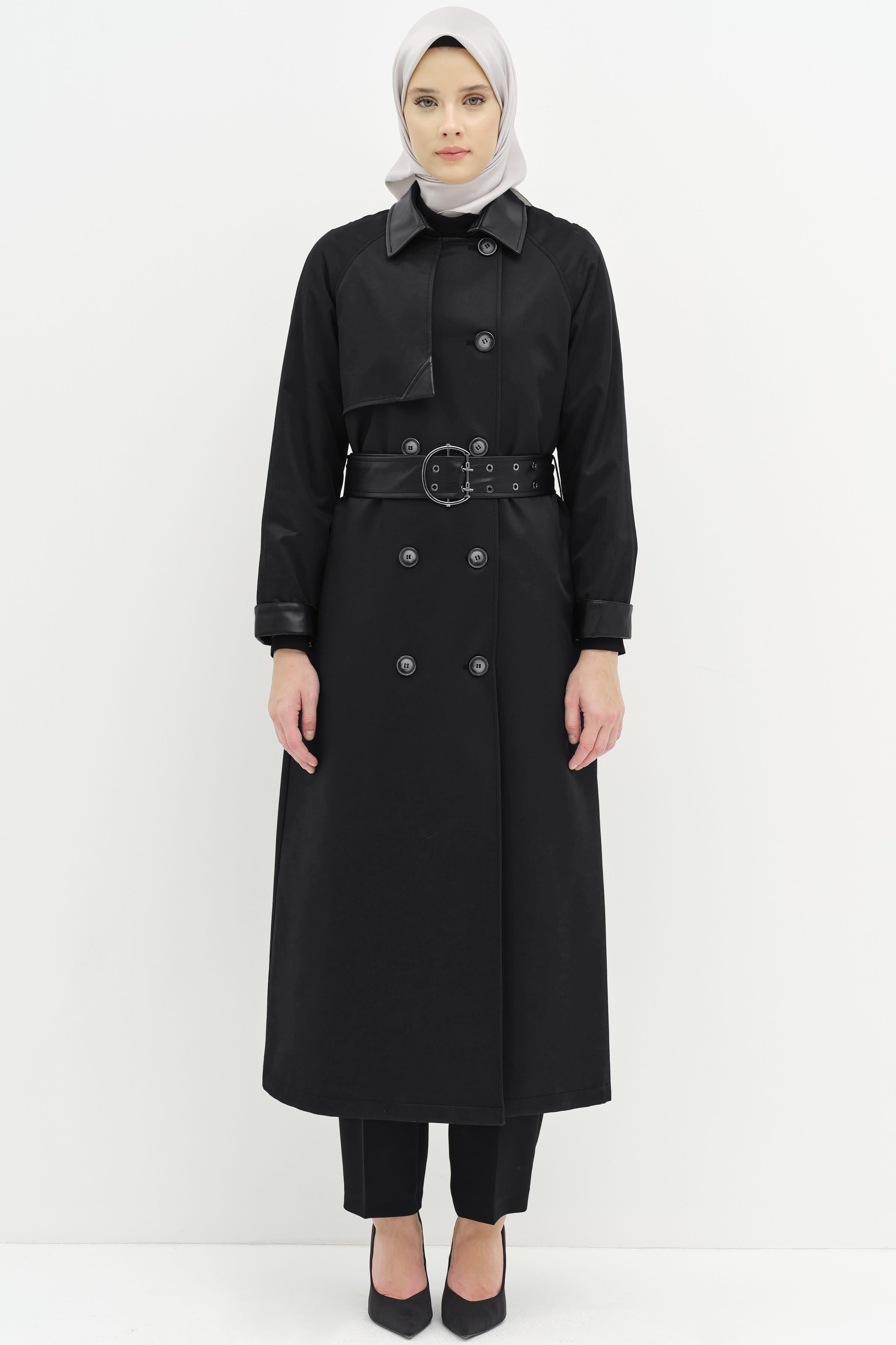 Deri Garnili Kuşgözlü Kemer Detaylı Trençkot - Siyah TUGBA