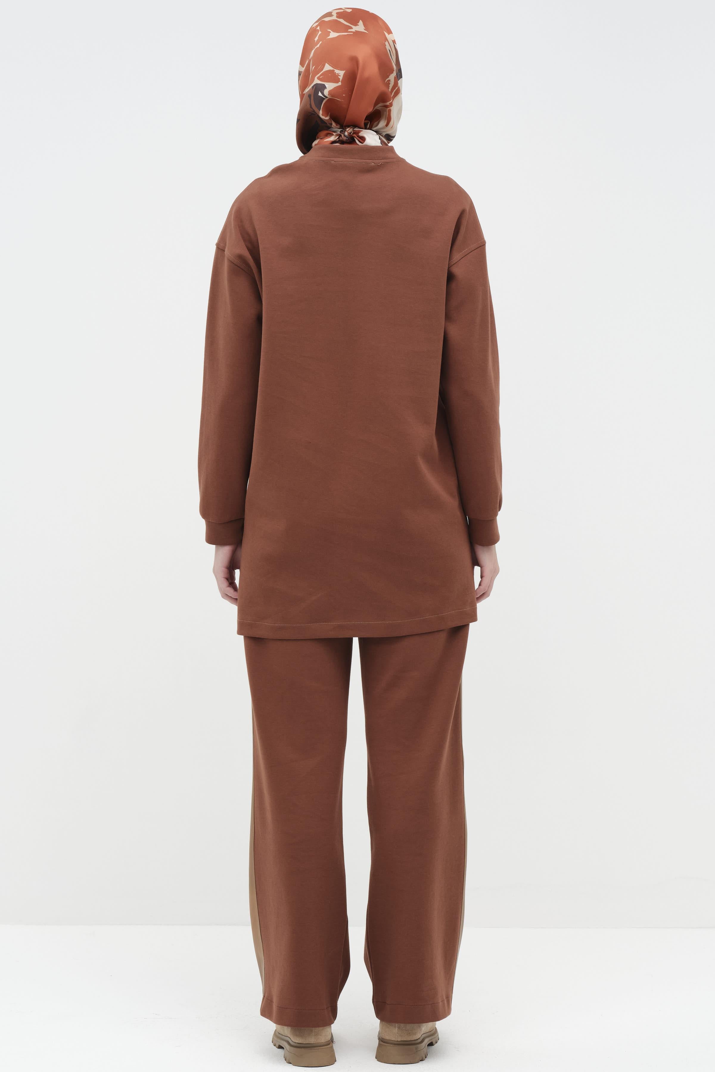 Deri Garnili Tunik Pantolon Örme Takım - Kahve TUGBA