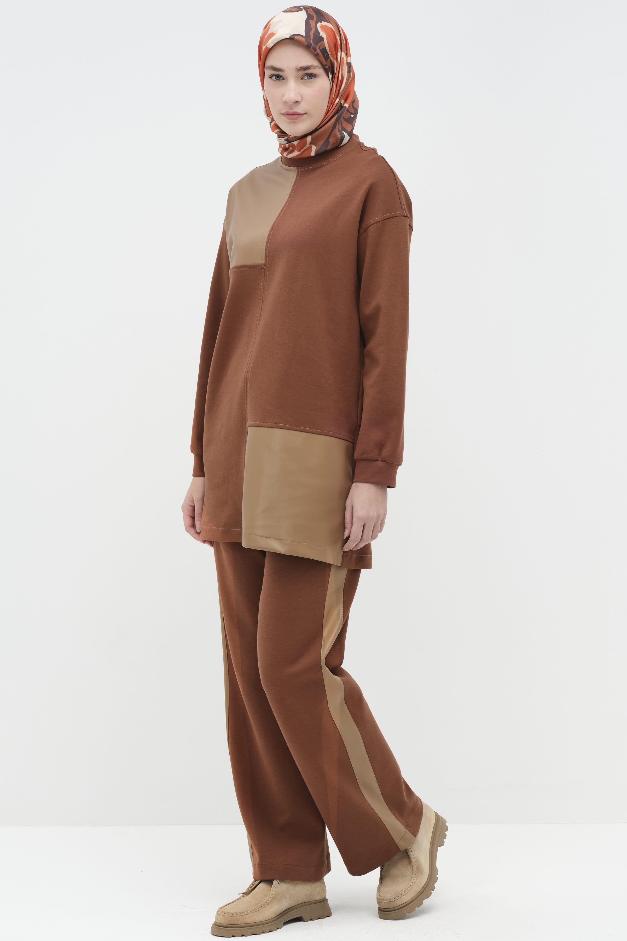 Deri Garnili Tunik Pantolon Örme Takım - Kahve TUGBA