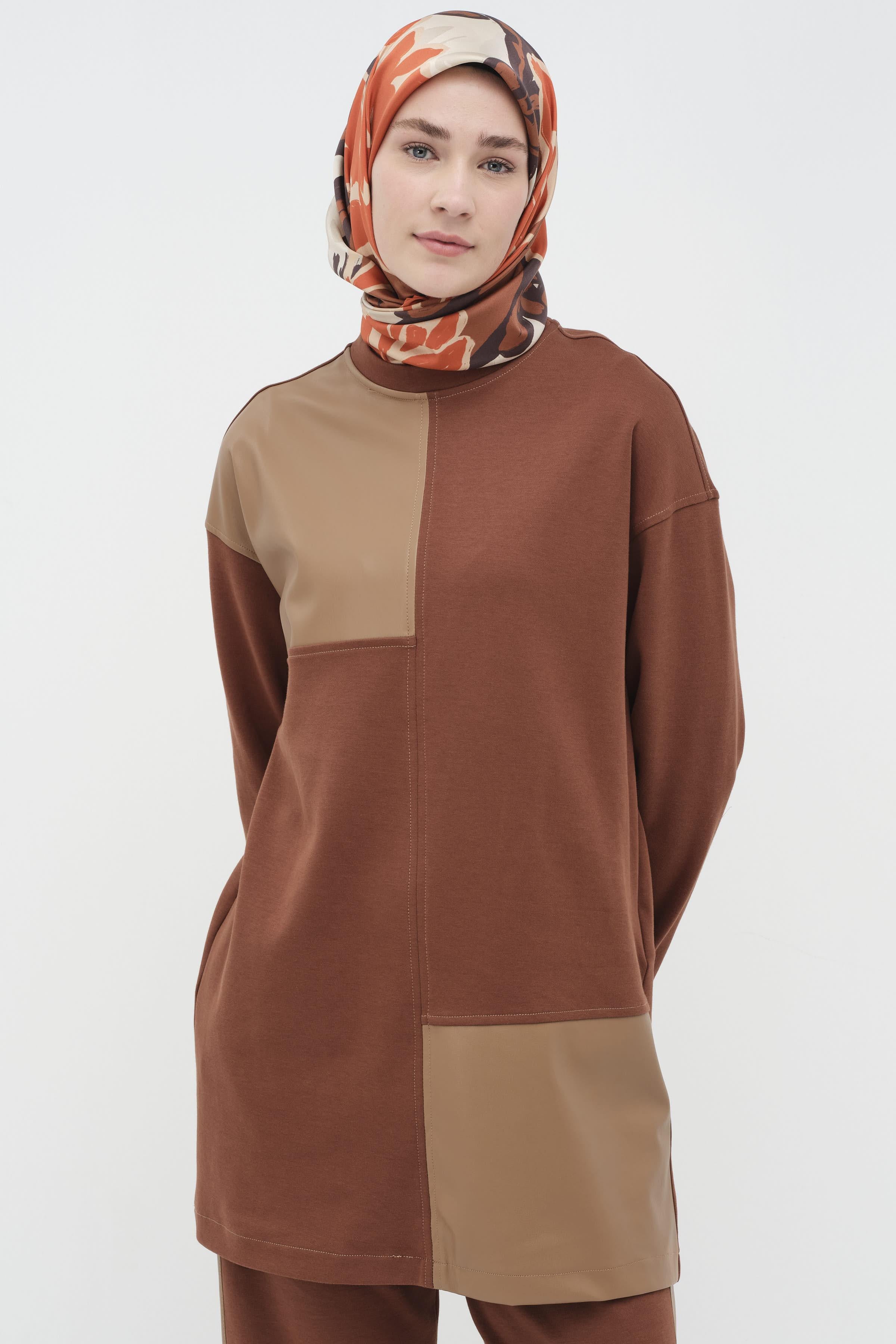 Deri Garnili Tunik Pantolon Örme Takım - Kahve TUGBA