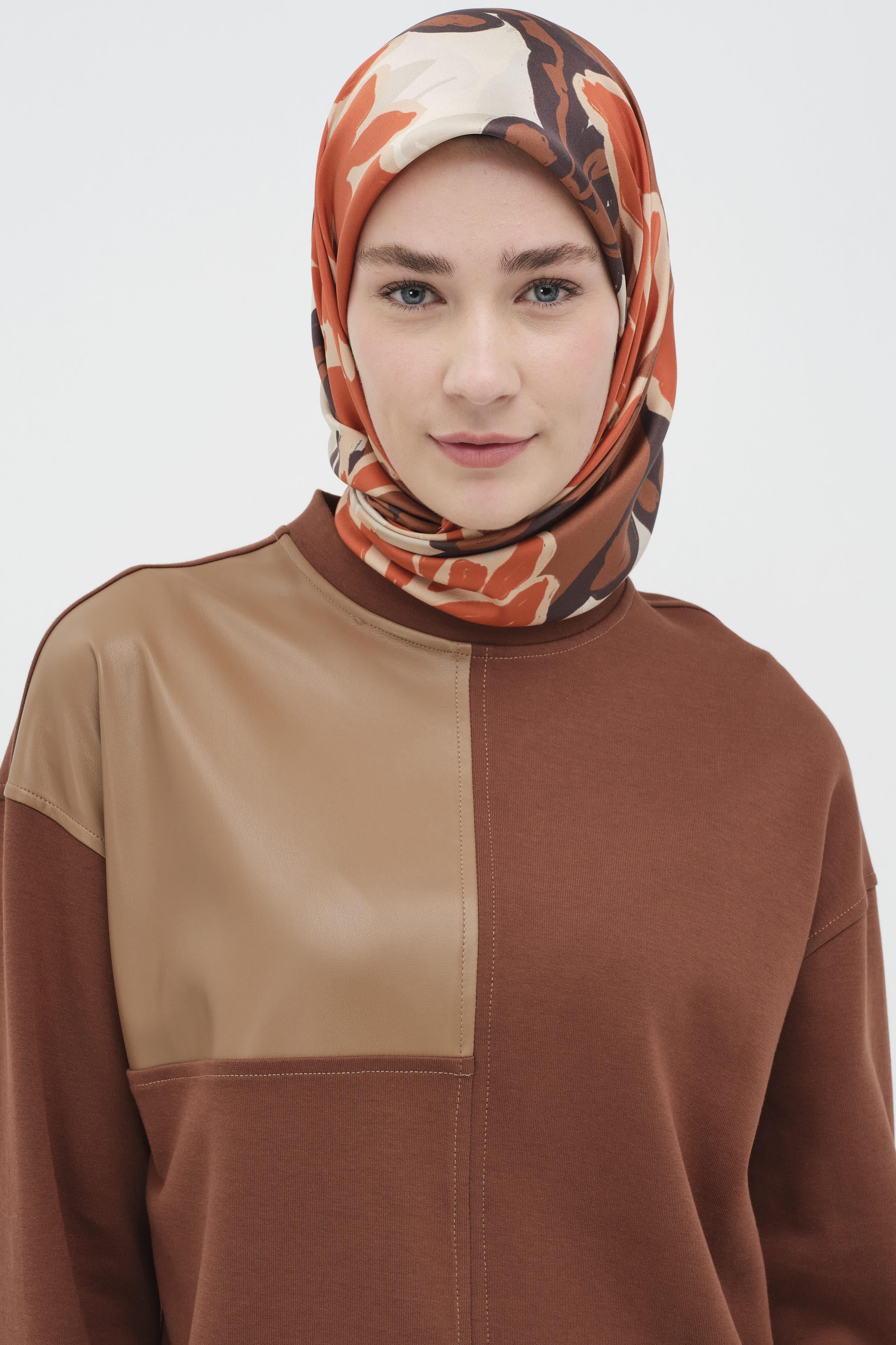 Deri Garnili Tunik Pantolon Örme Takım - Kahve TUGBA