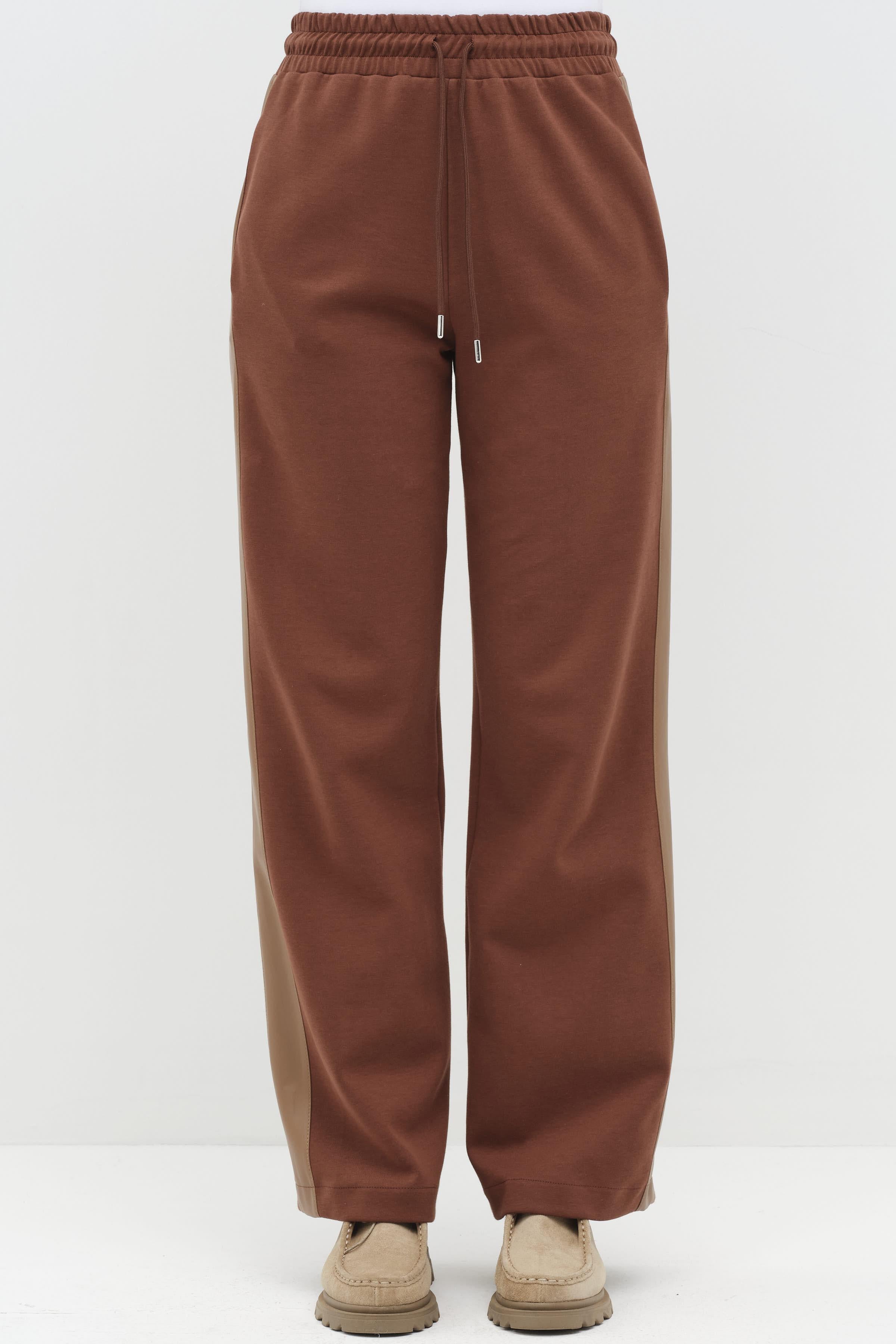 Deri Garnili Tunik Pantolon Örme Takım - Kahve TUGBA