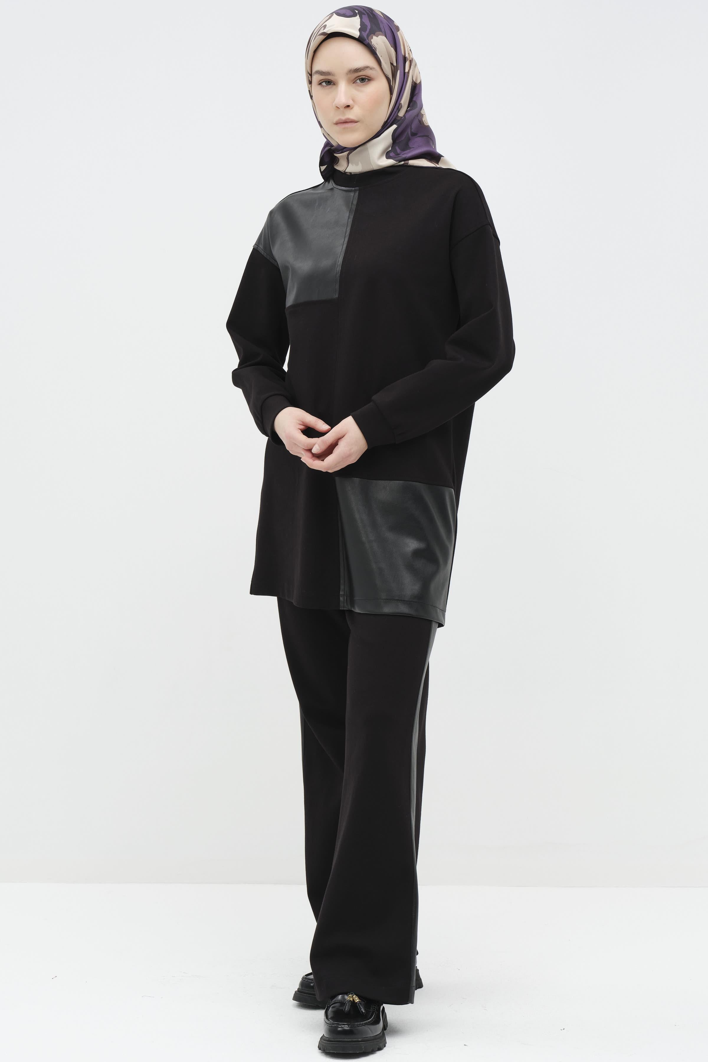 Deri Garnili Tunik Pantolon Örme Takım - Siyah TUGBA