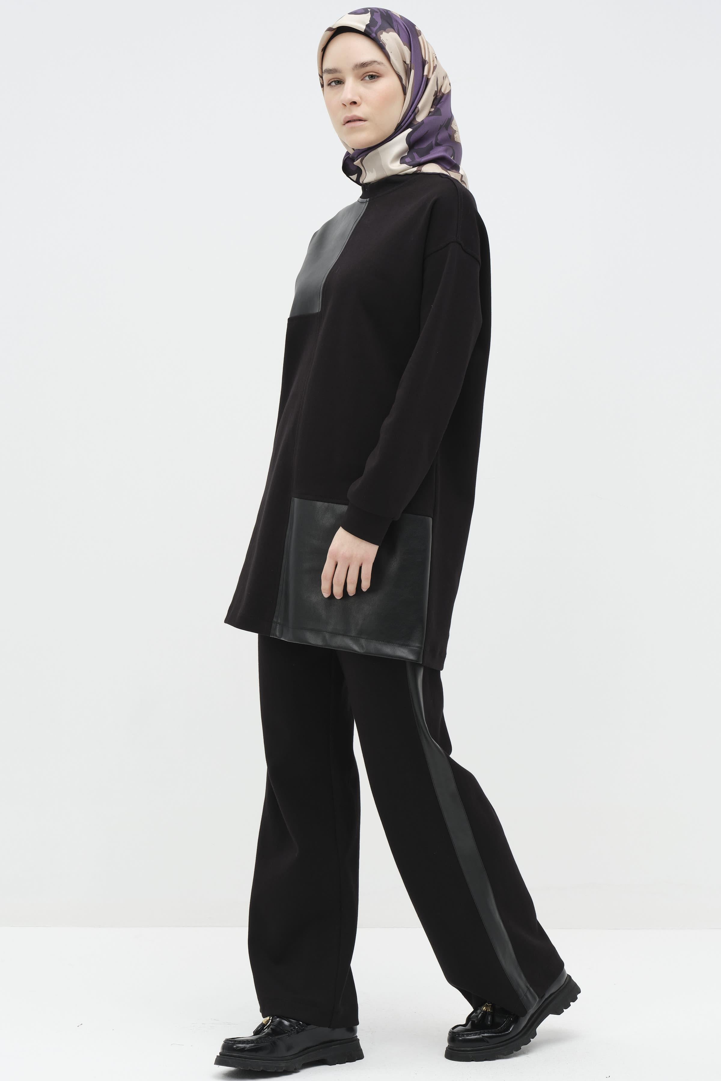 Deri Garnili Tunik Pantolon Örme Takım - Siyah TUGBA