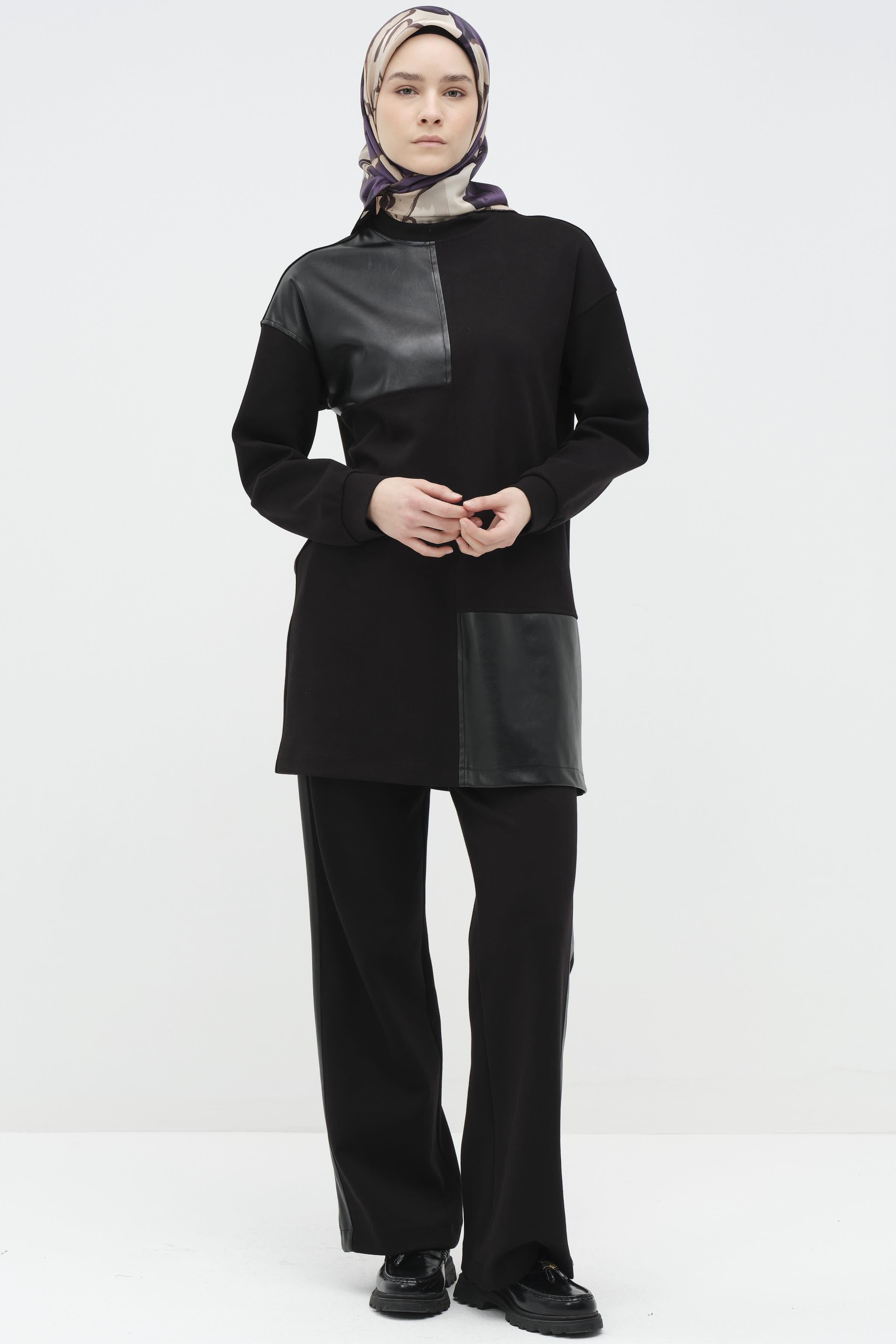 Deri Garnili Tunik Pantolon Örme Takım - Siyah TUGBA