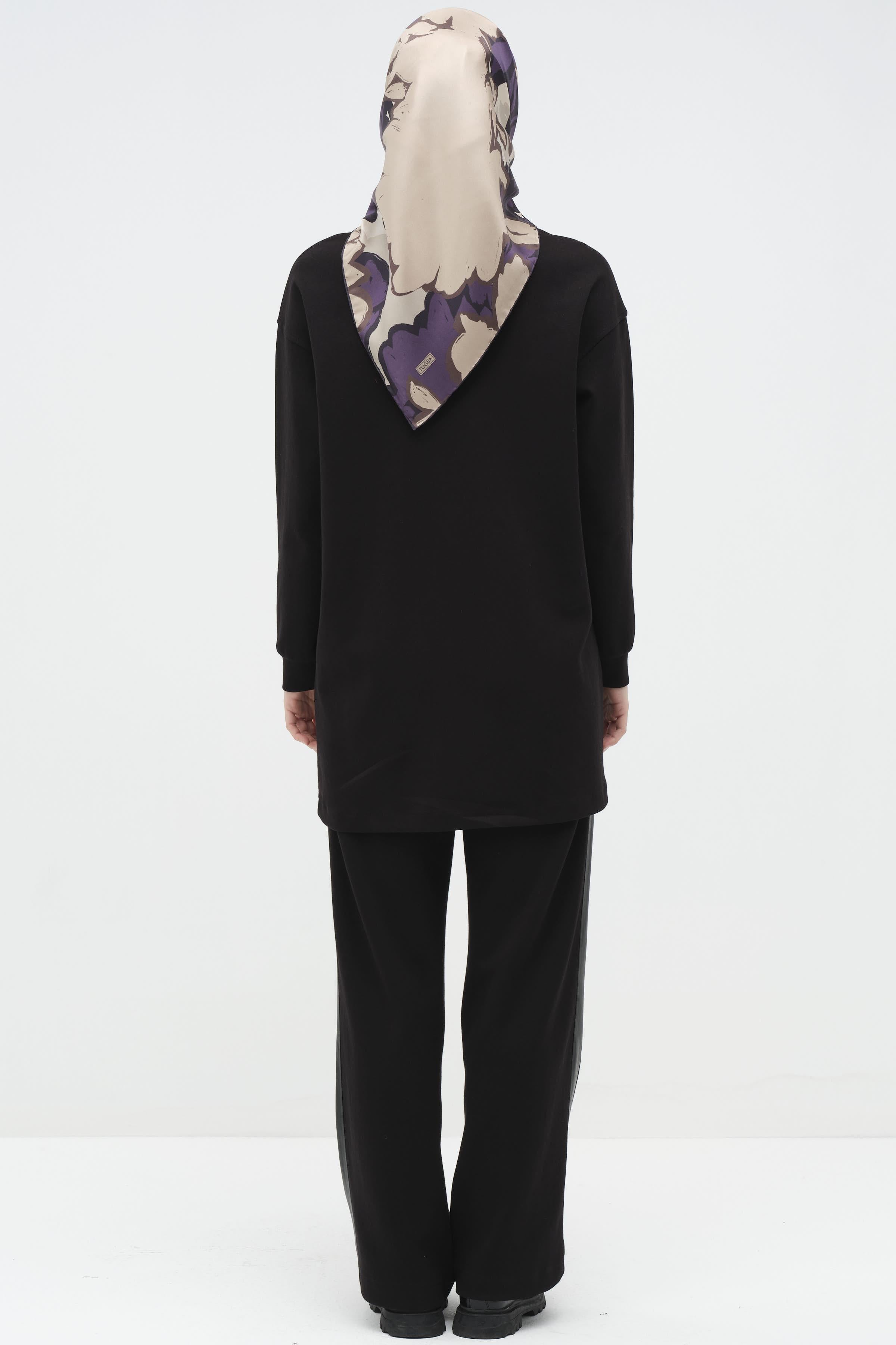 Deri Garnili Tunik Pantolon Örme Takım - Siyah TUGBA