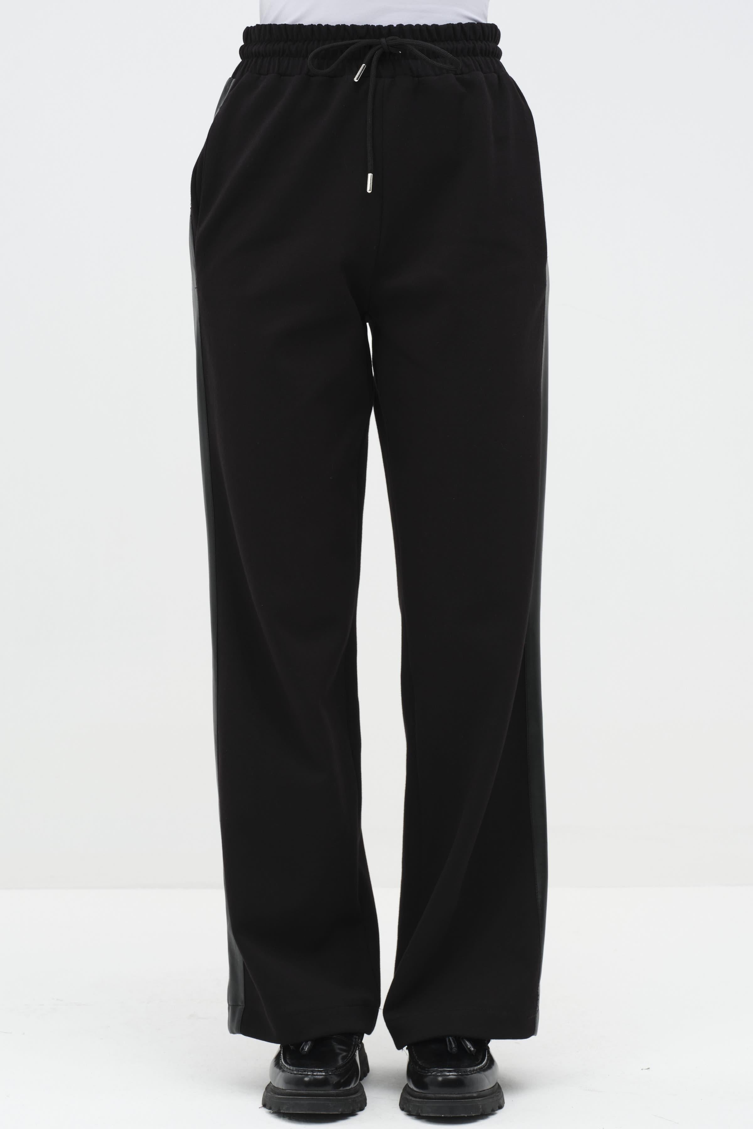 Deri Garnili Tunik Pantolon Örme Takım - Siyah TUGBA