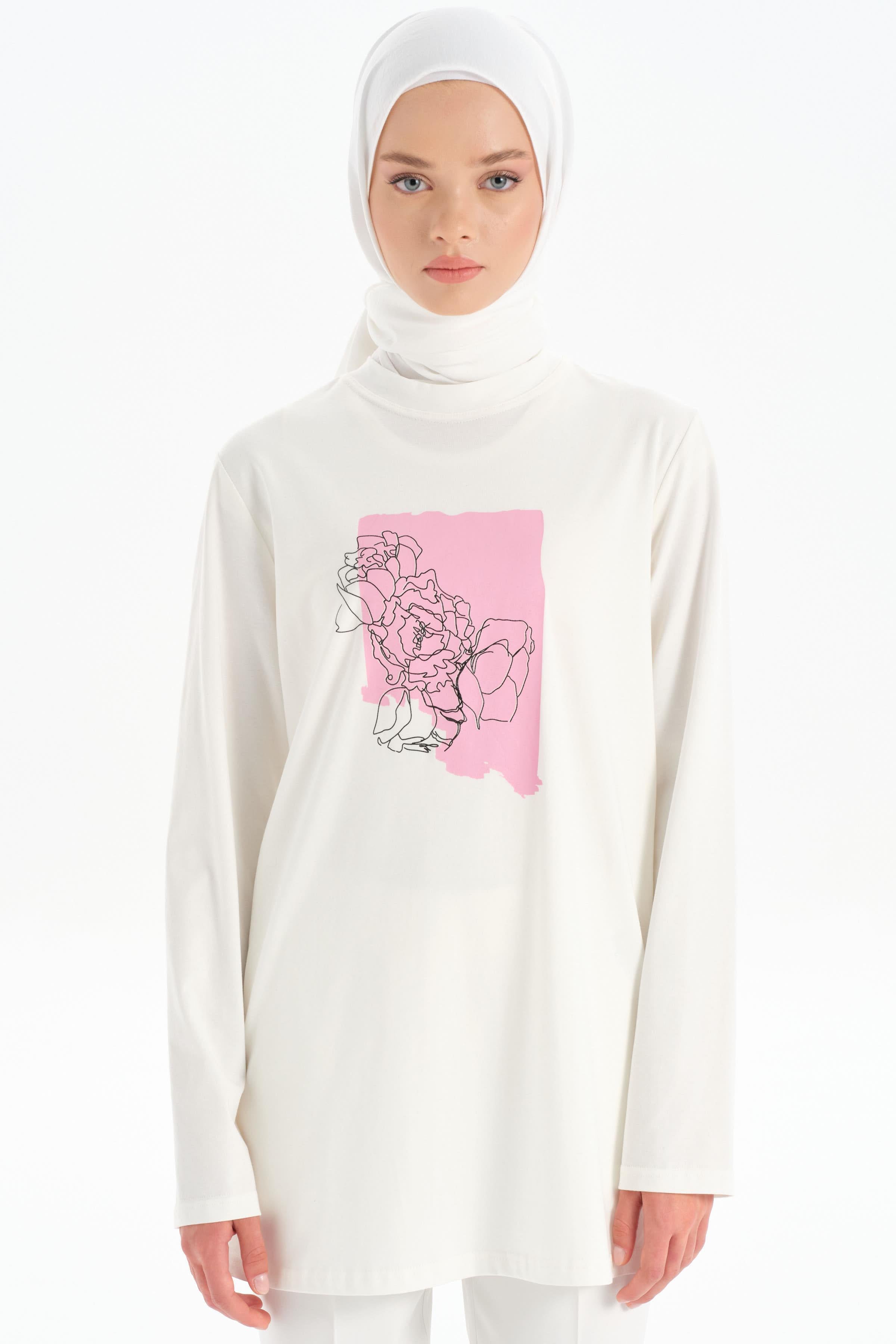 Desen Baskılı Örme Bluz - Beyaz TUGBA