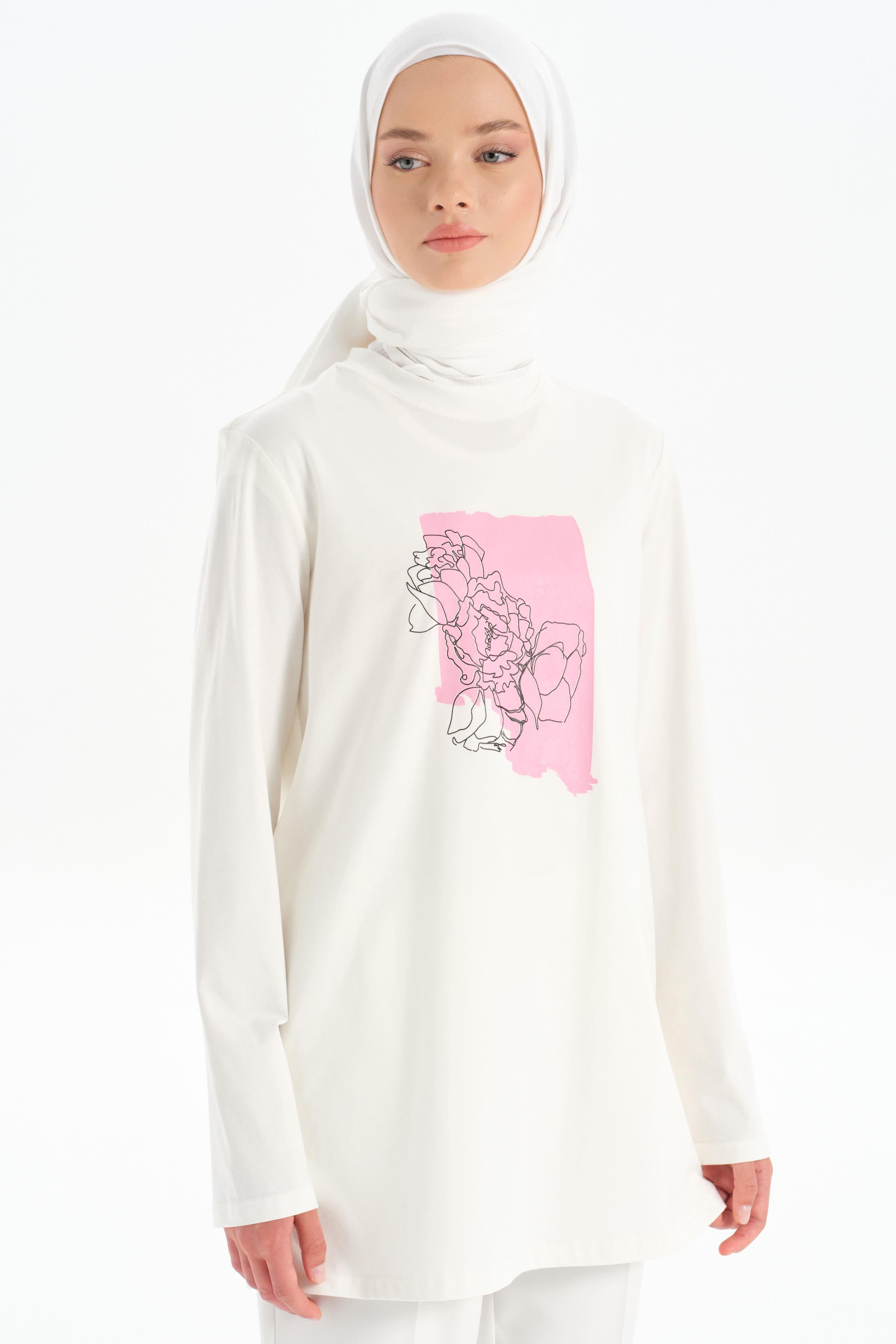 Desen Baskılı Örme Bluz - Beyaz TUGBA