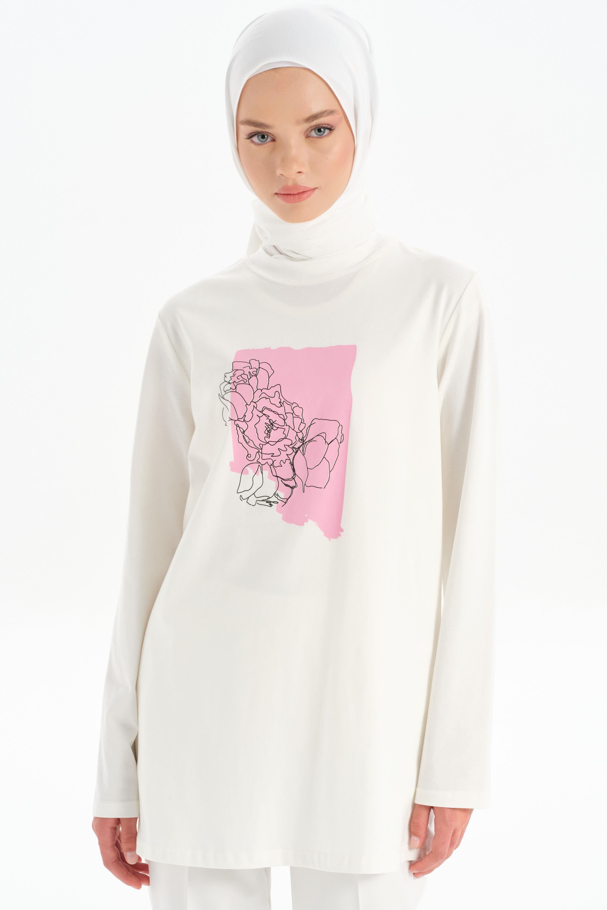 Desen Baskılı Örme Bluz - Beyaz TUGBA