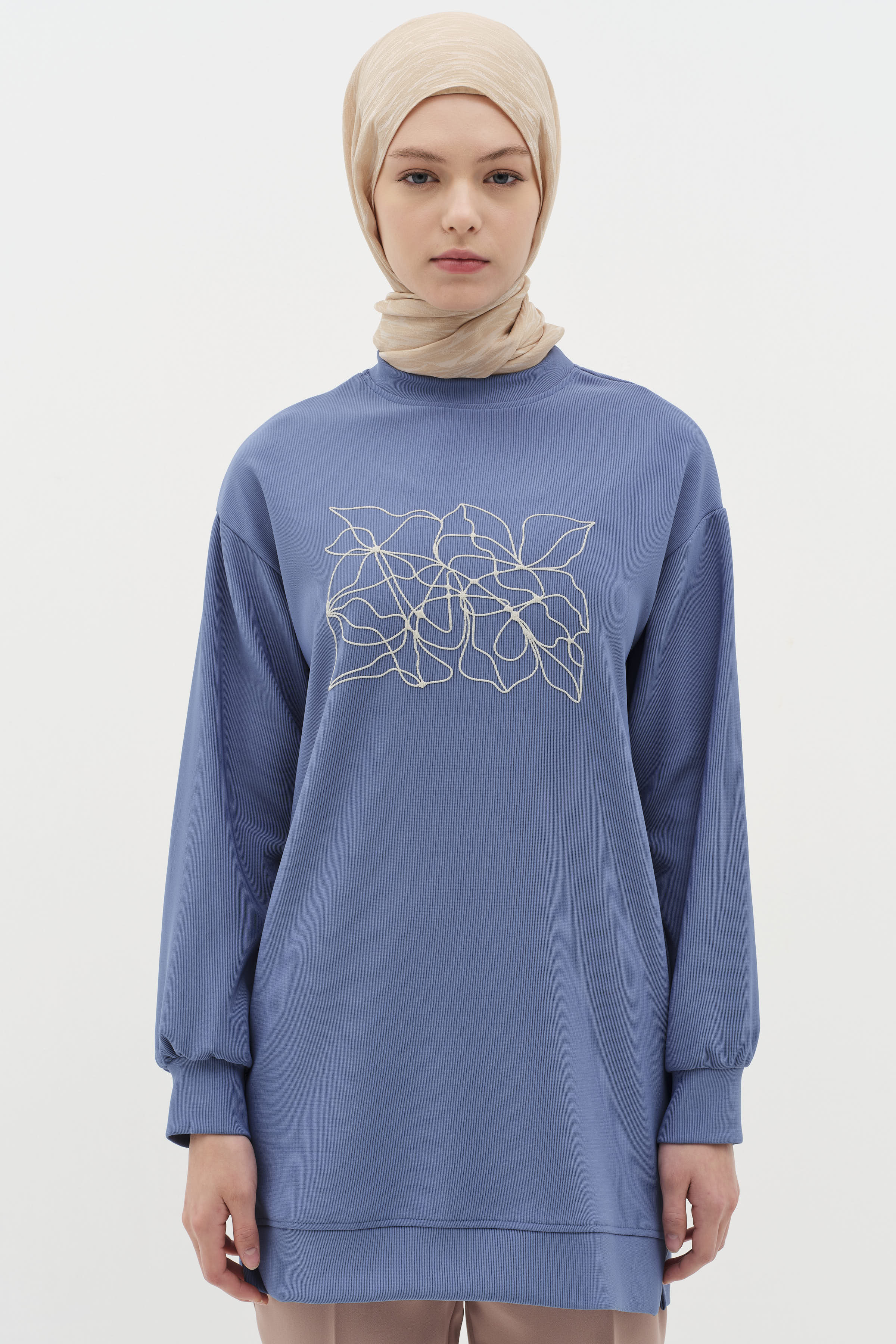 Desen Baskılı Örme Sweat - İndigo TUGBA