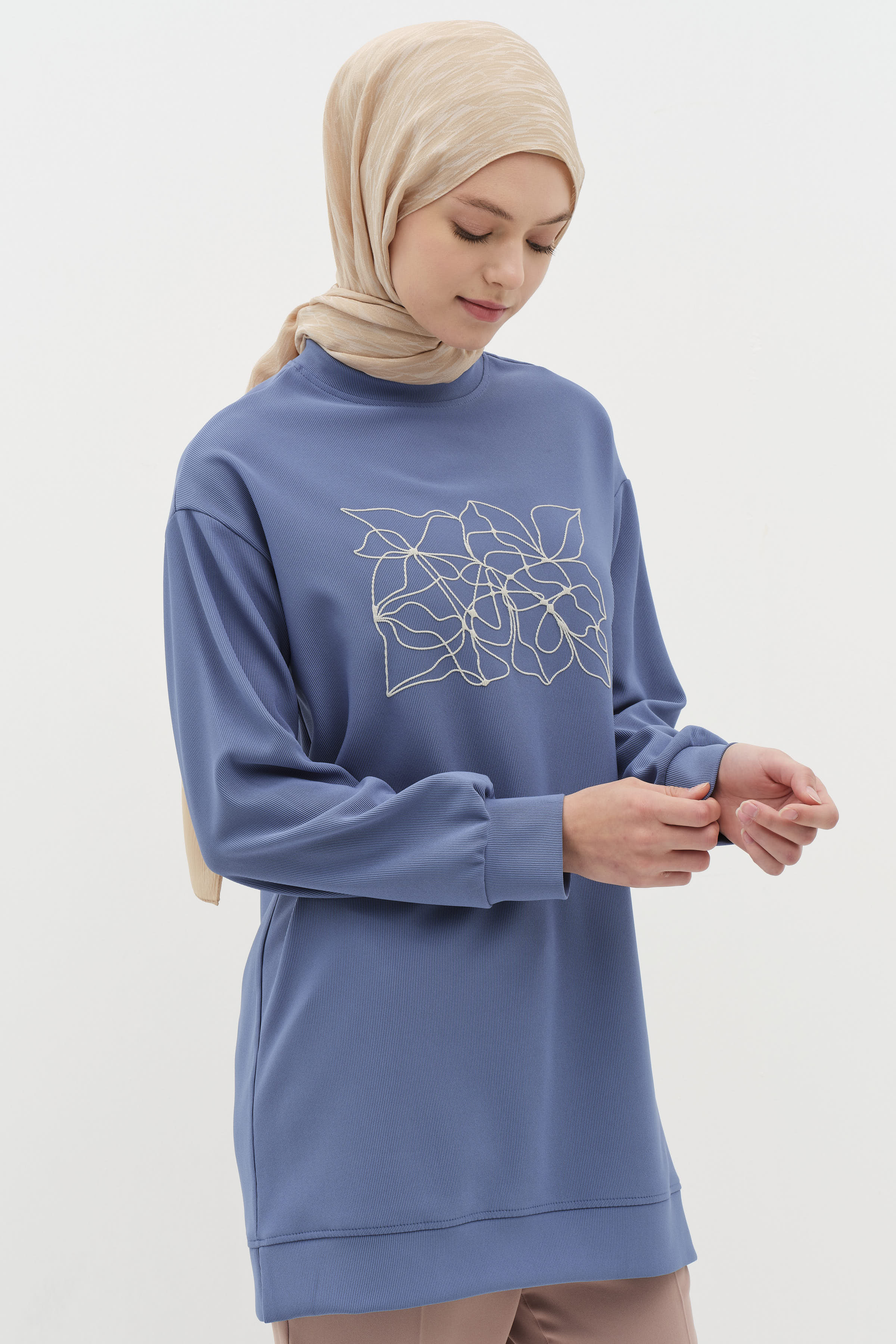 Desen Baskılı Örme Sweat - İndigo TUGBA