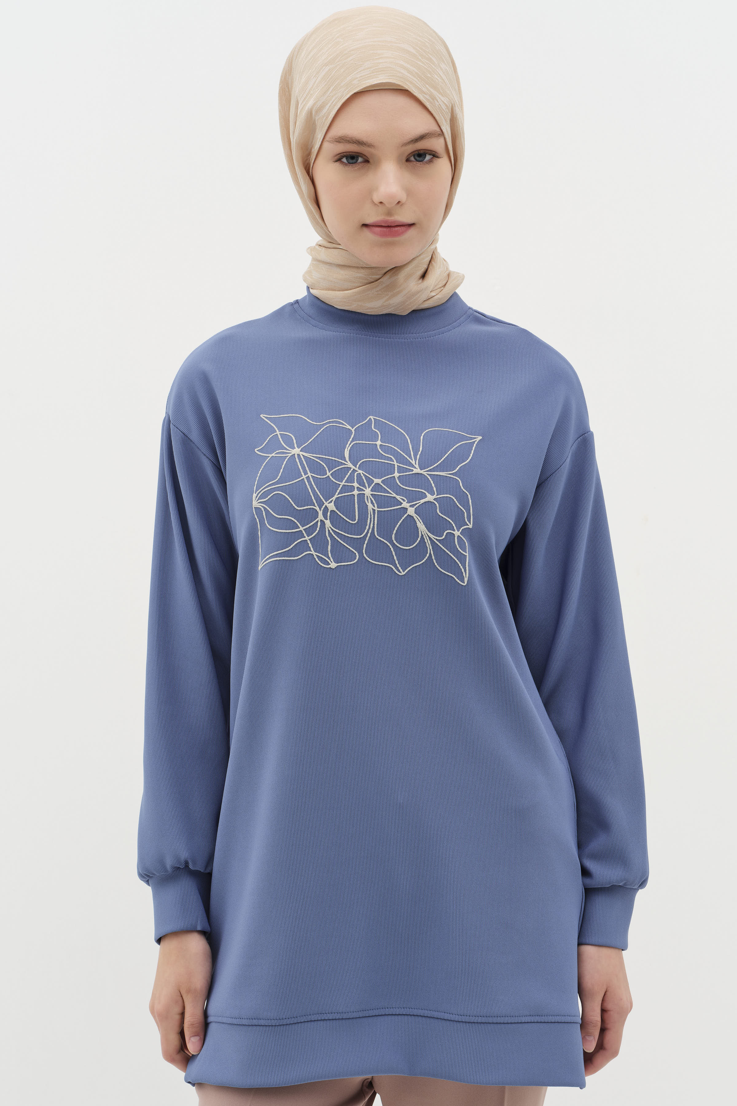 Desen Baskılı Örme Sweat - İndigo TUGBA