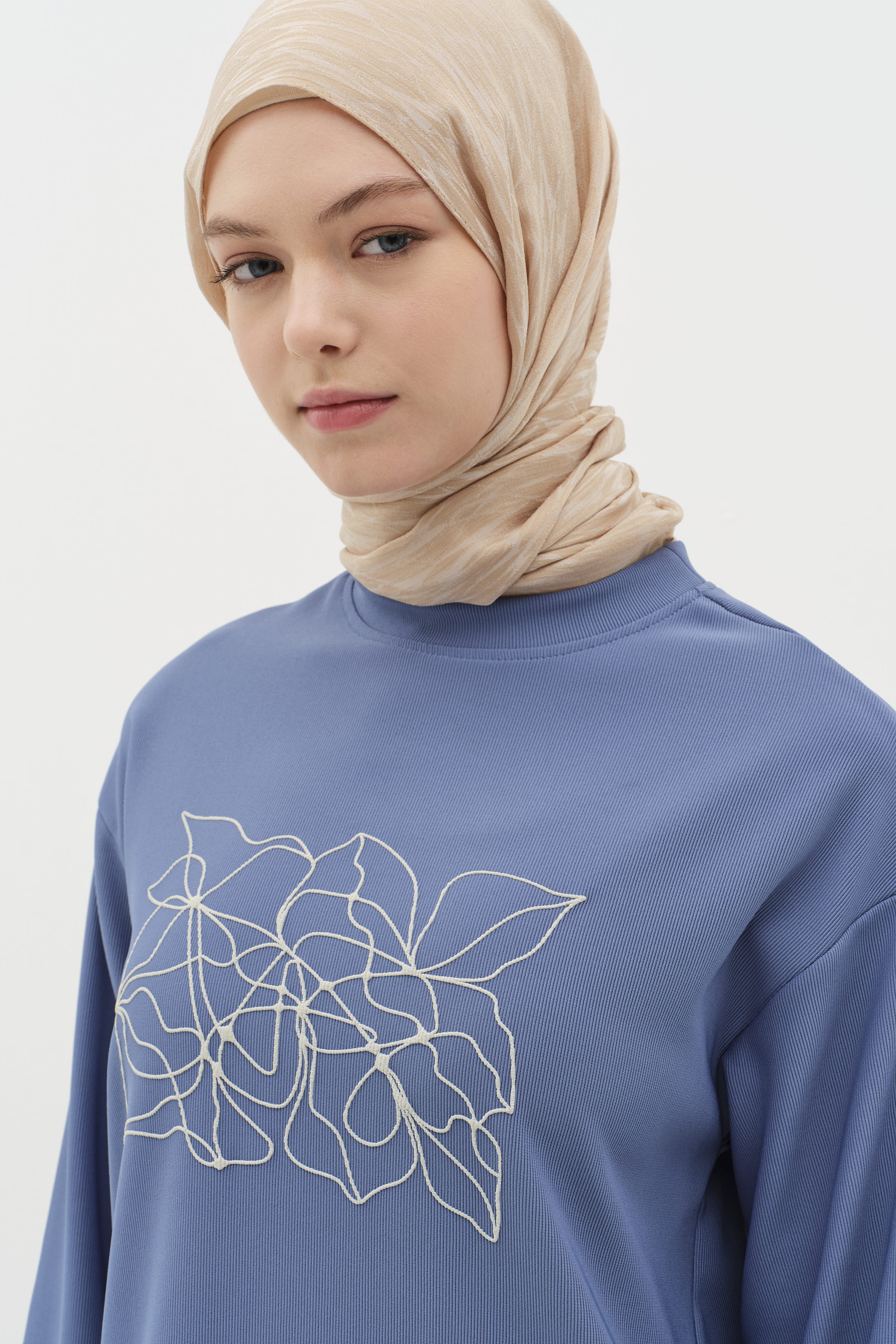 Desen Baskılı Örme Sweat - İndigo TUGBA