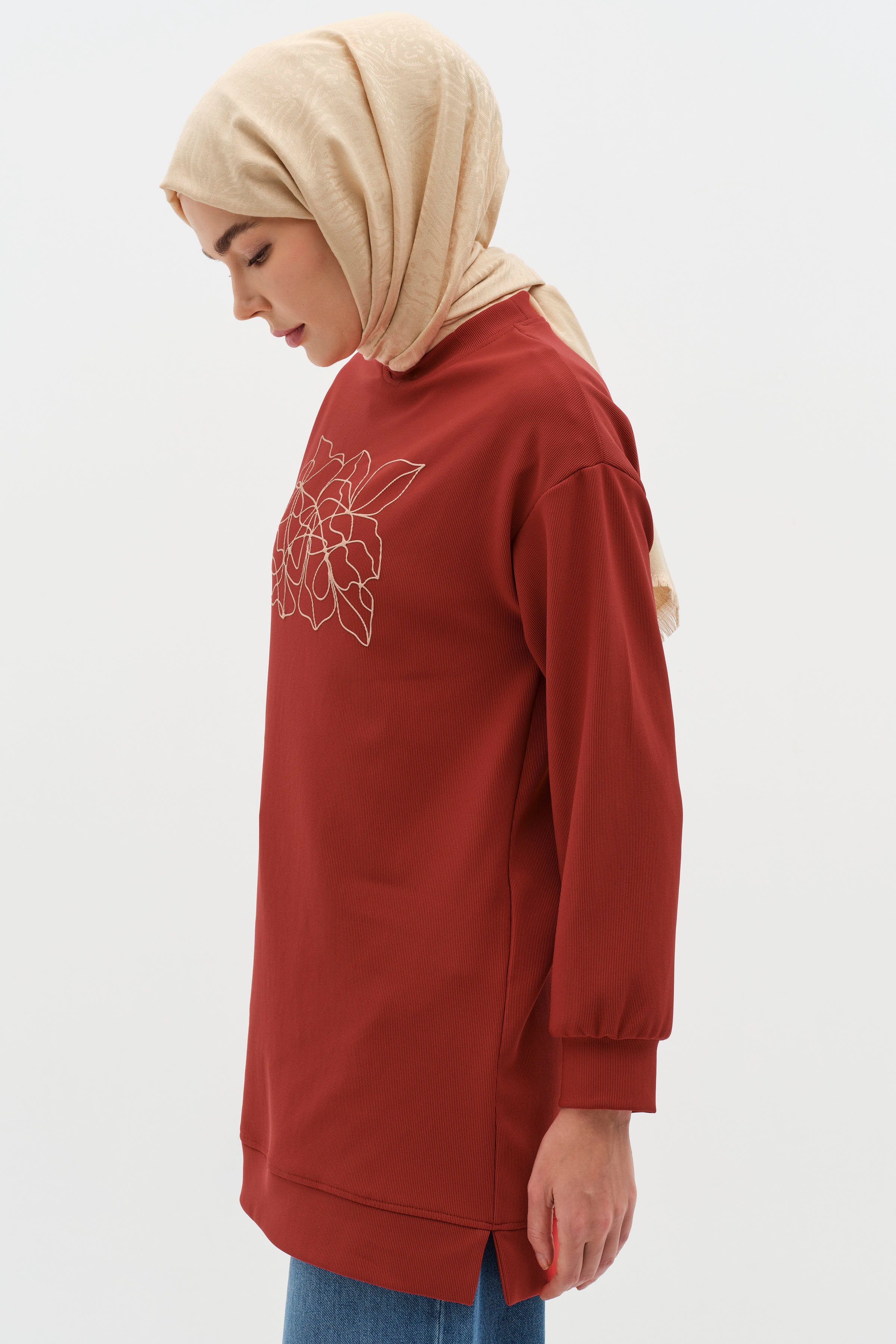 Desen Baskılı Örme Sweat - Kiremit TUGBA