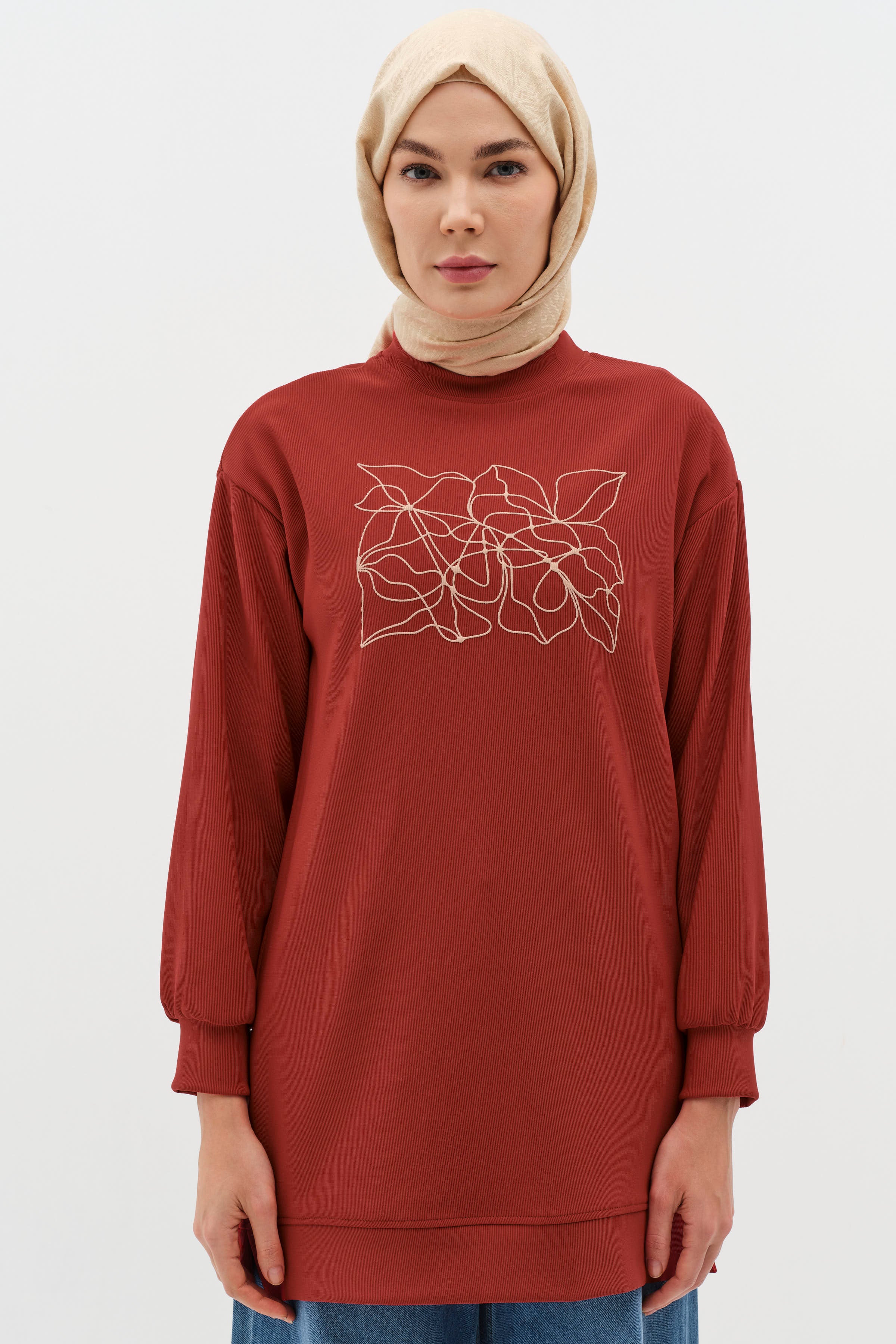 Desen Baskılı Örme Sweat - Kiremit TUGBA