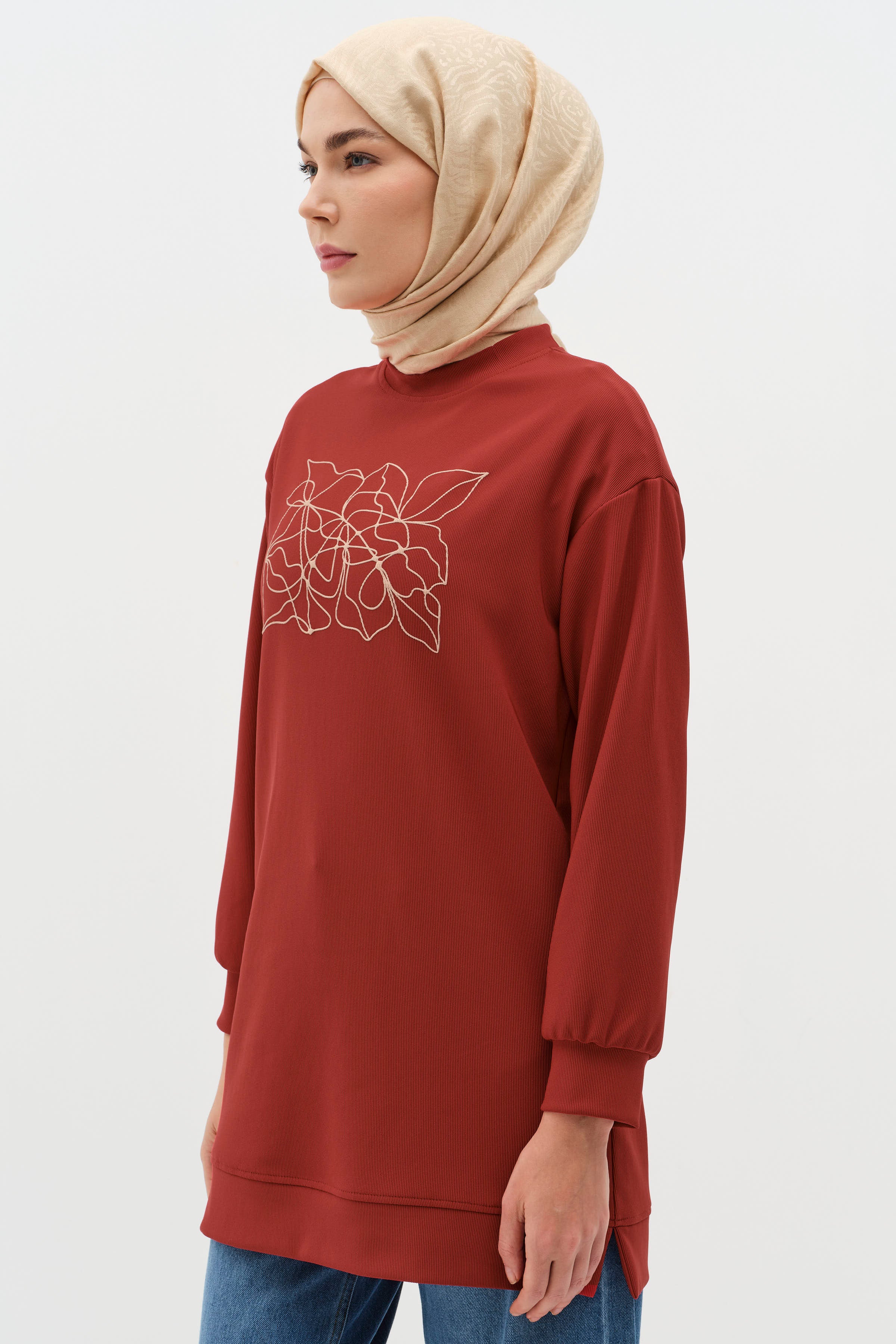 Desen Baskılı Örme Sweat - Kiremit TUGBA