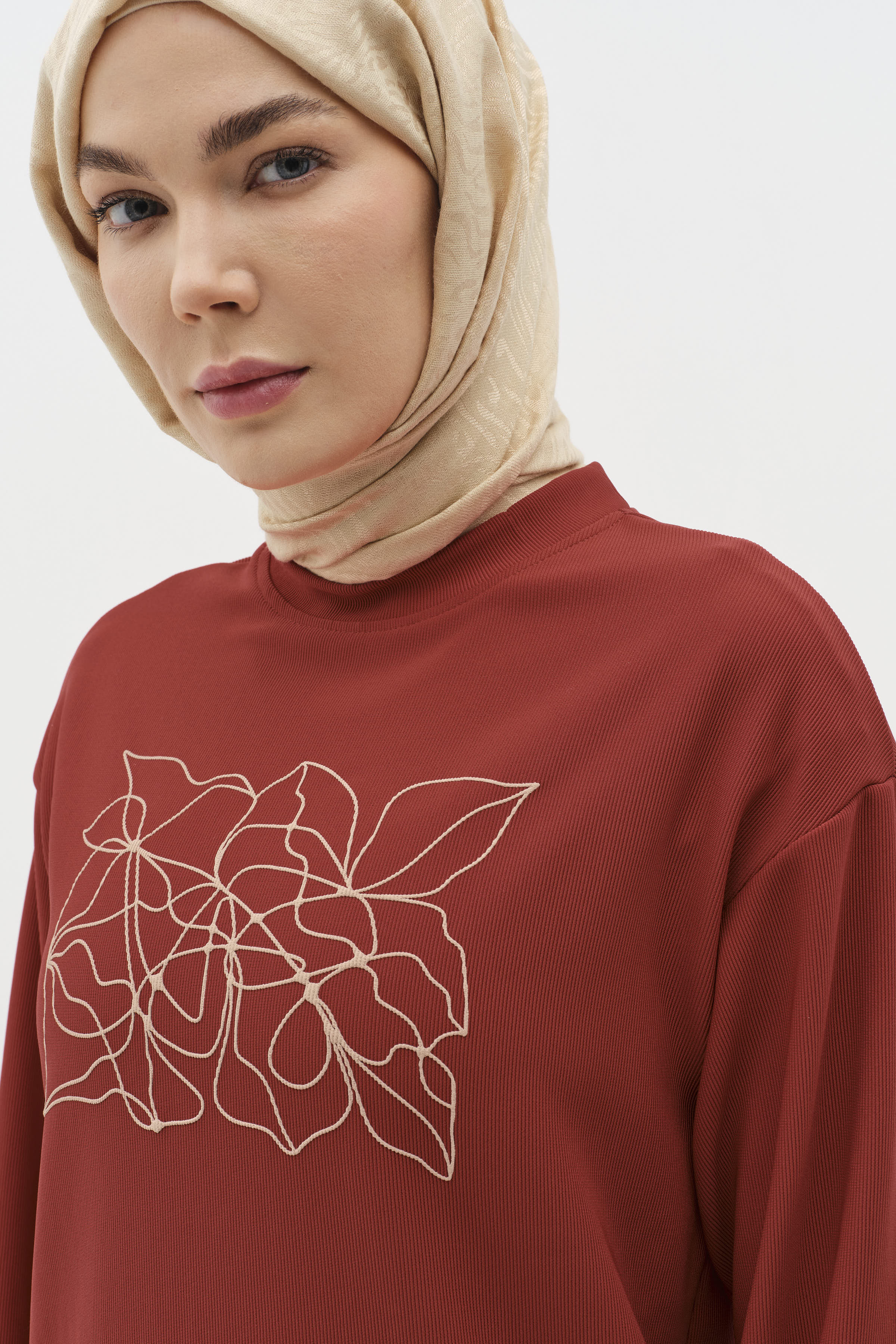 Desen Baskılı Örme Sweat - Kiremit TUGBA