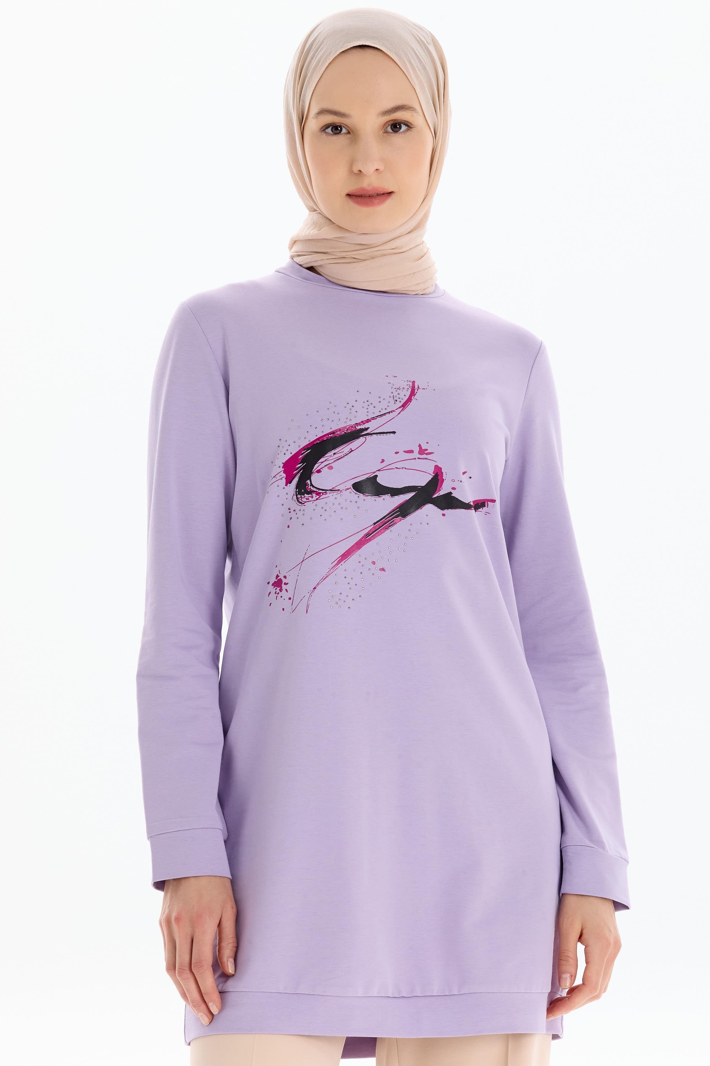 Desen Baskılı Taşlı Sweat - Lila TUGBA