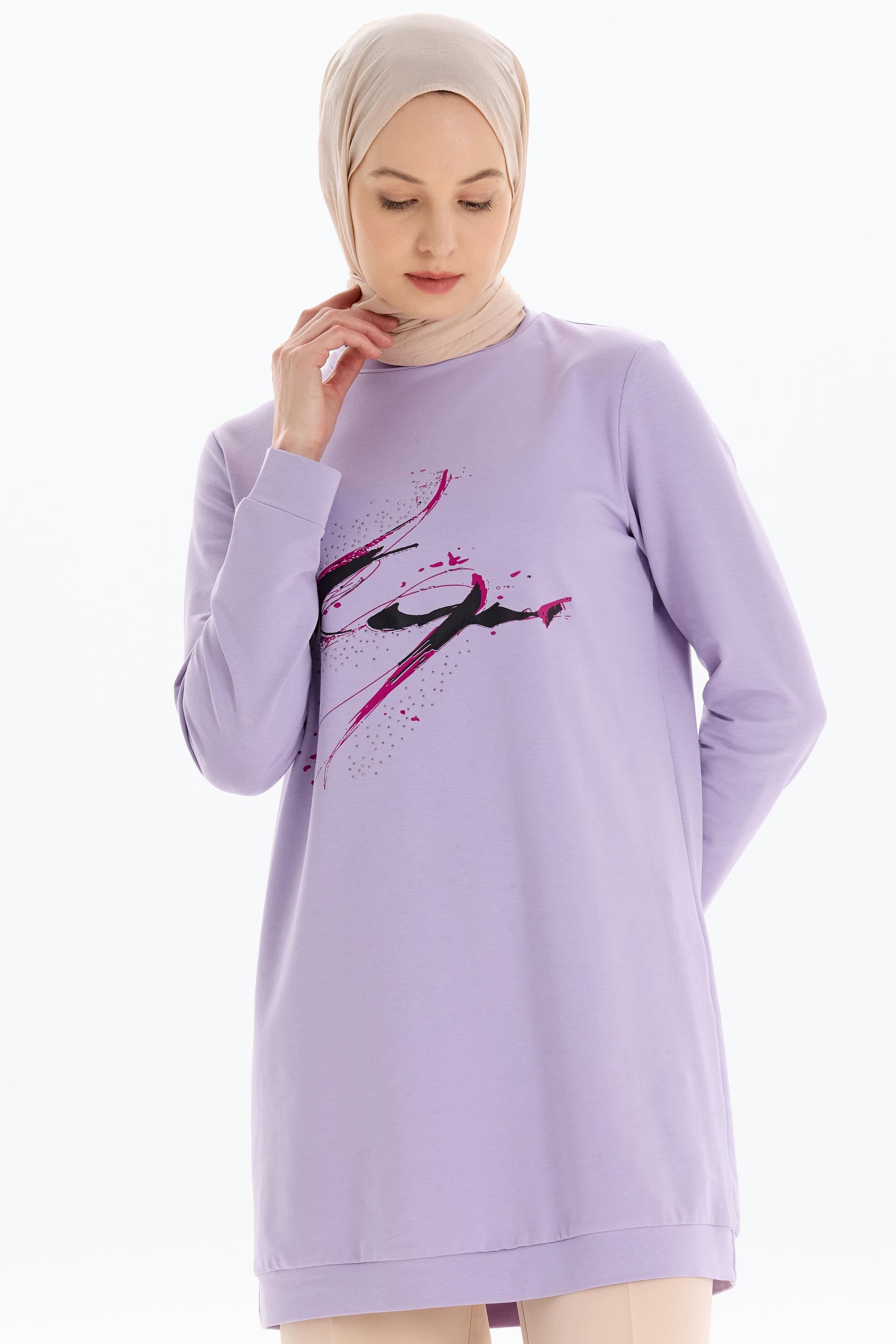 Desen Baskılı Taşlı Sweat - Lila TUGBA