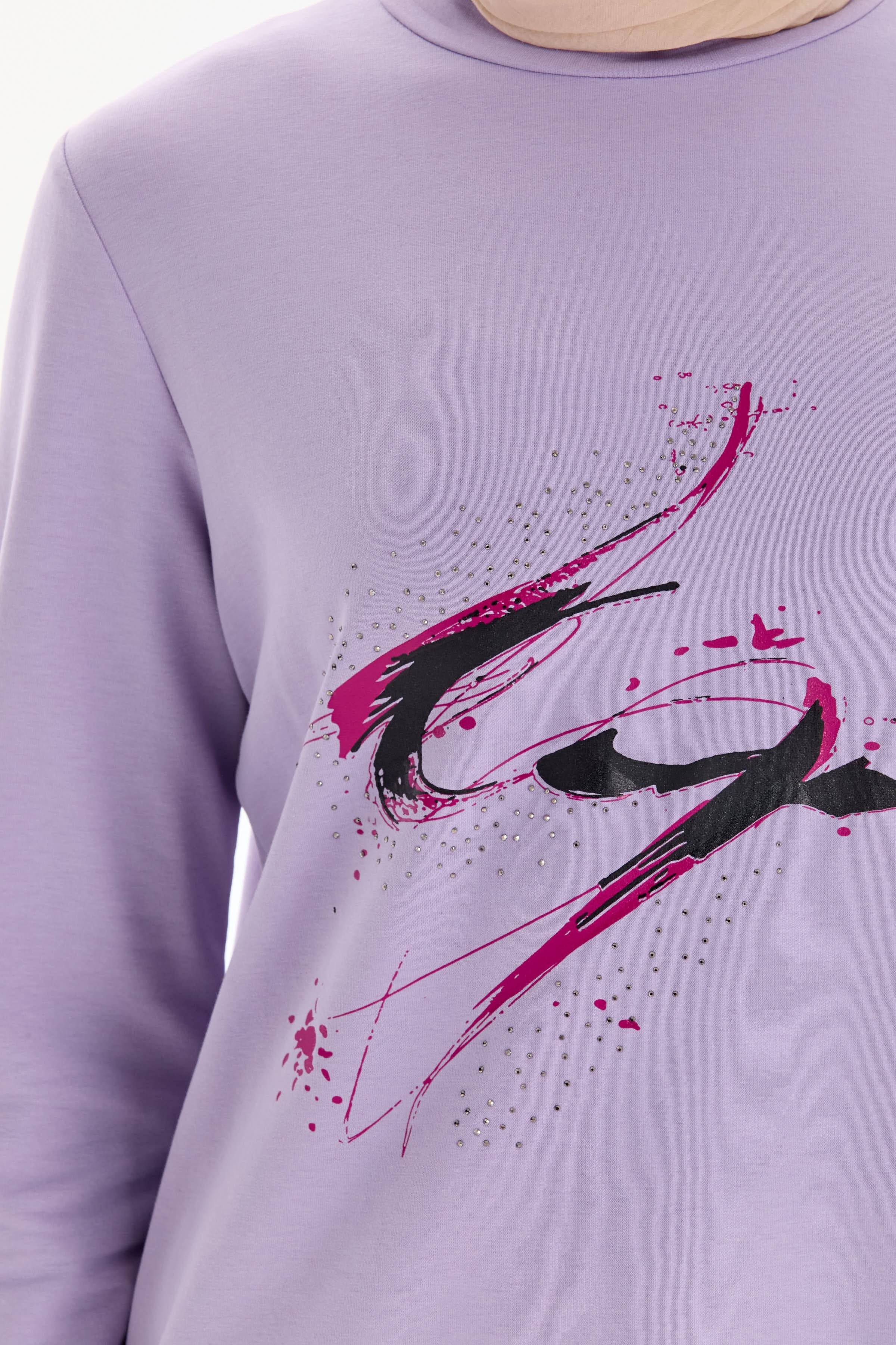 Desen Baskılı Taşlı Sweat - Lila TUGBA