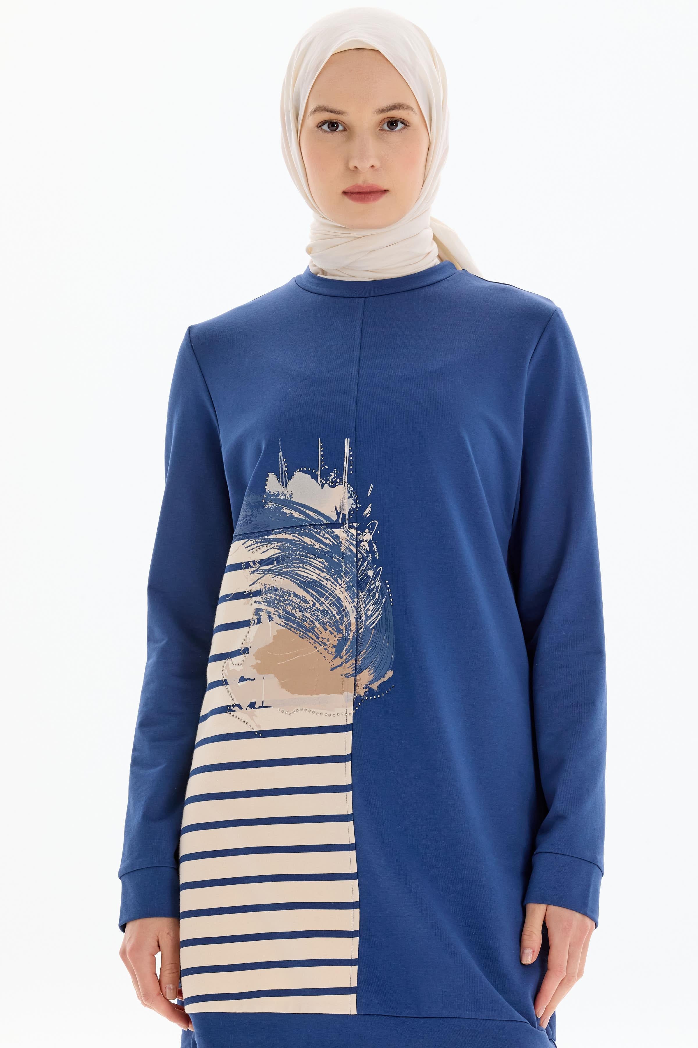 Desen Baskılı Tunik Pantolon Takım - İndigo TUGBA