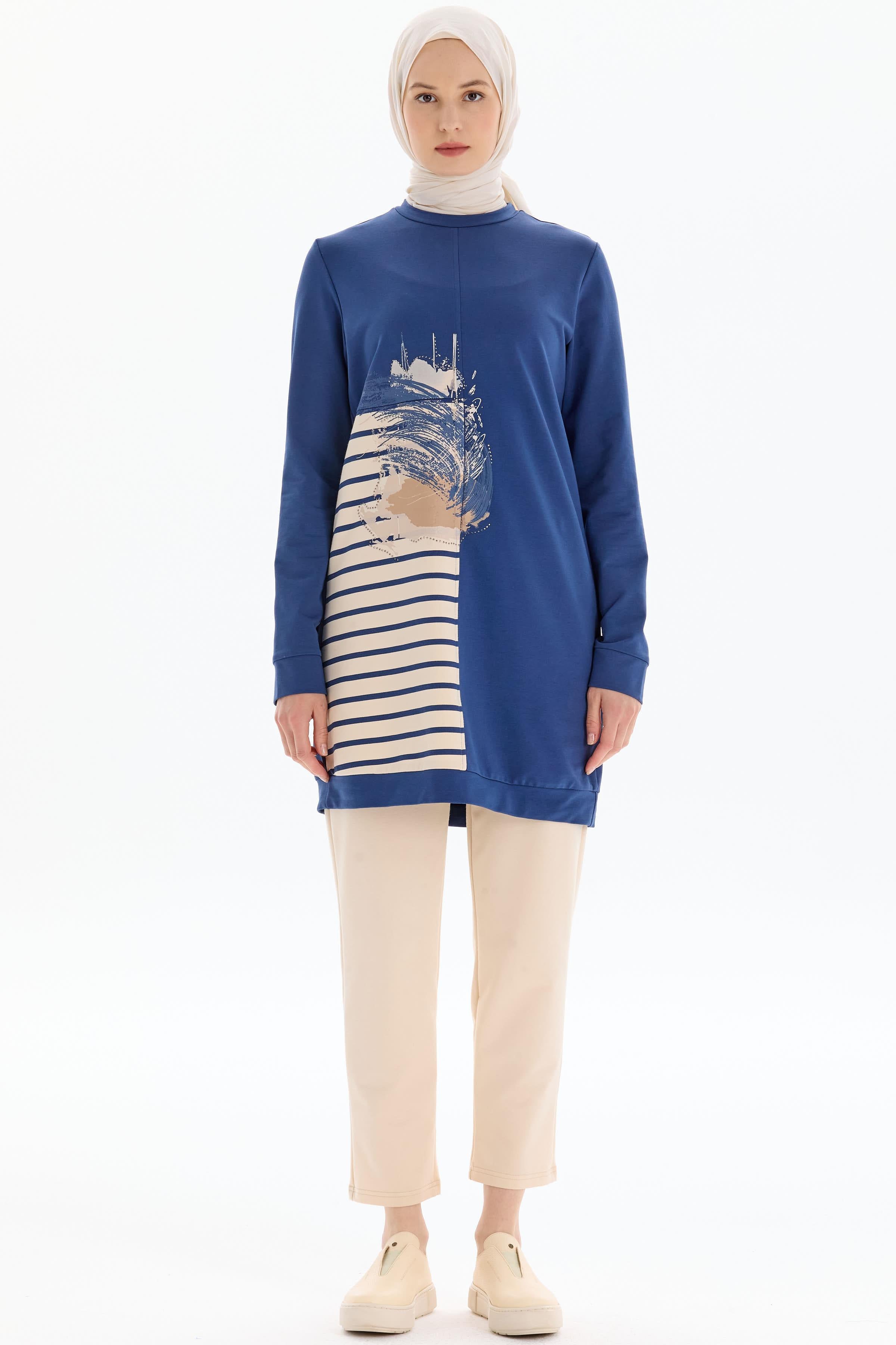 Desen Baskılı Tunik Pantolon Takım - İndigo TUGBA