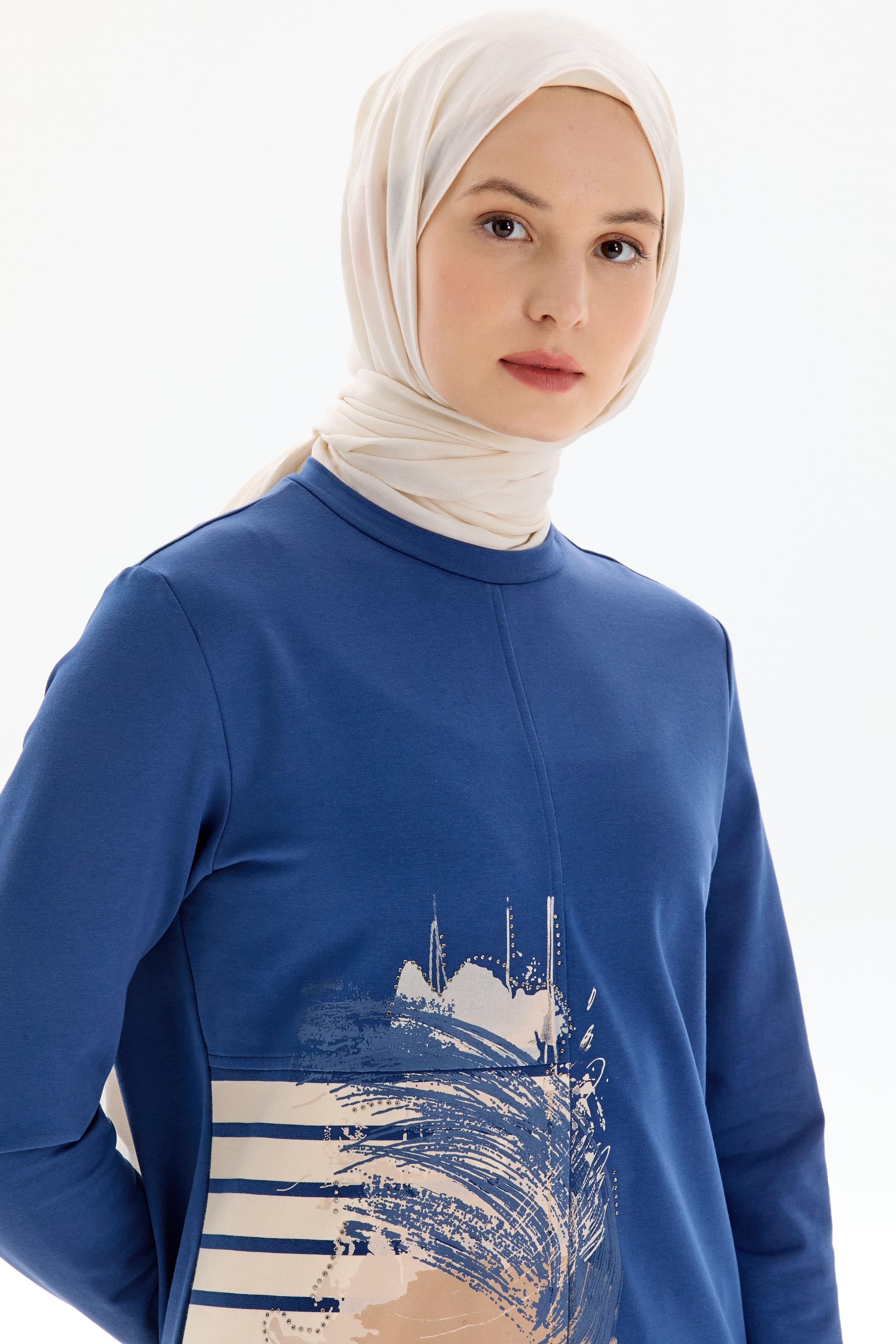 Desen Baskılı Tunik Pantolon Takım - İndigo TUGBA