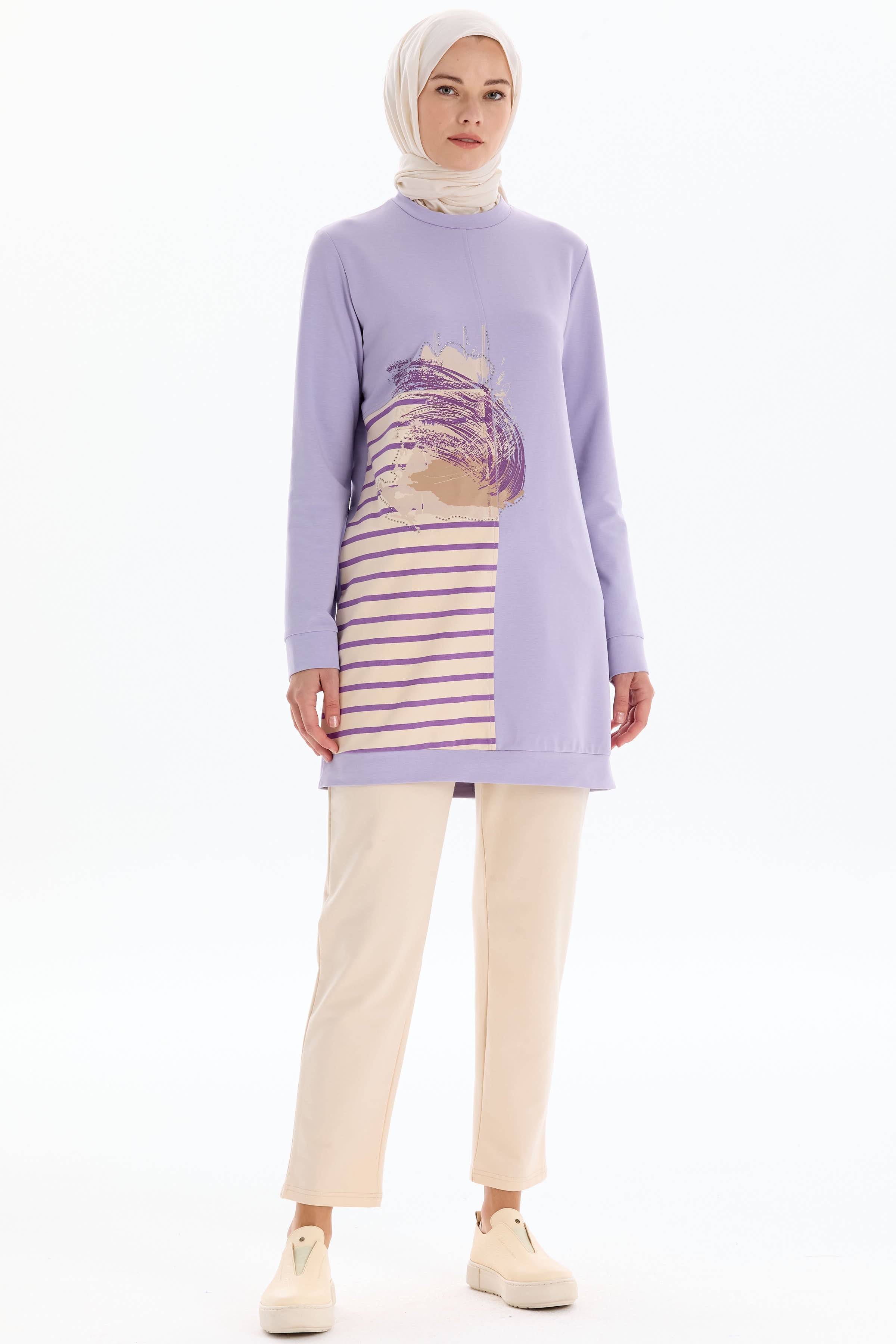 Desen Baskılı Tunik Pantolon Takım - Lila TUGBA