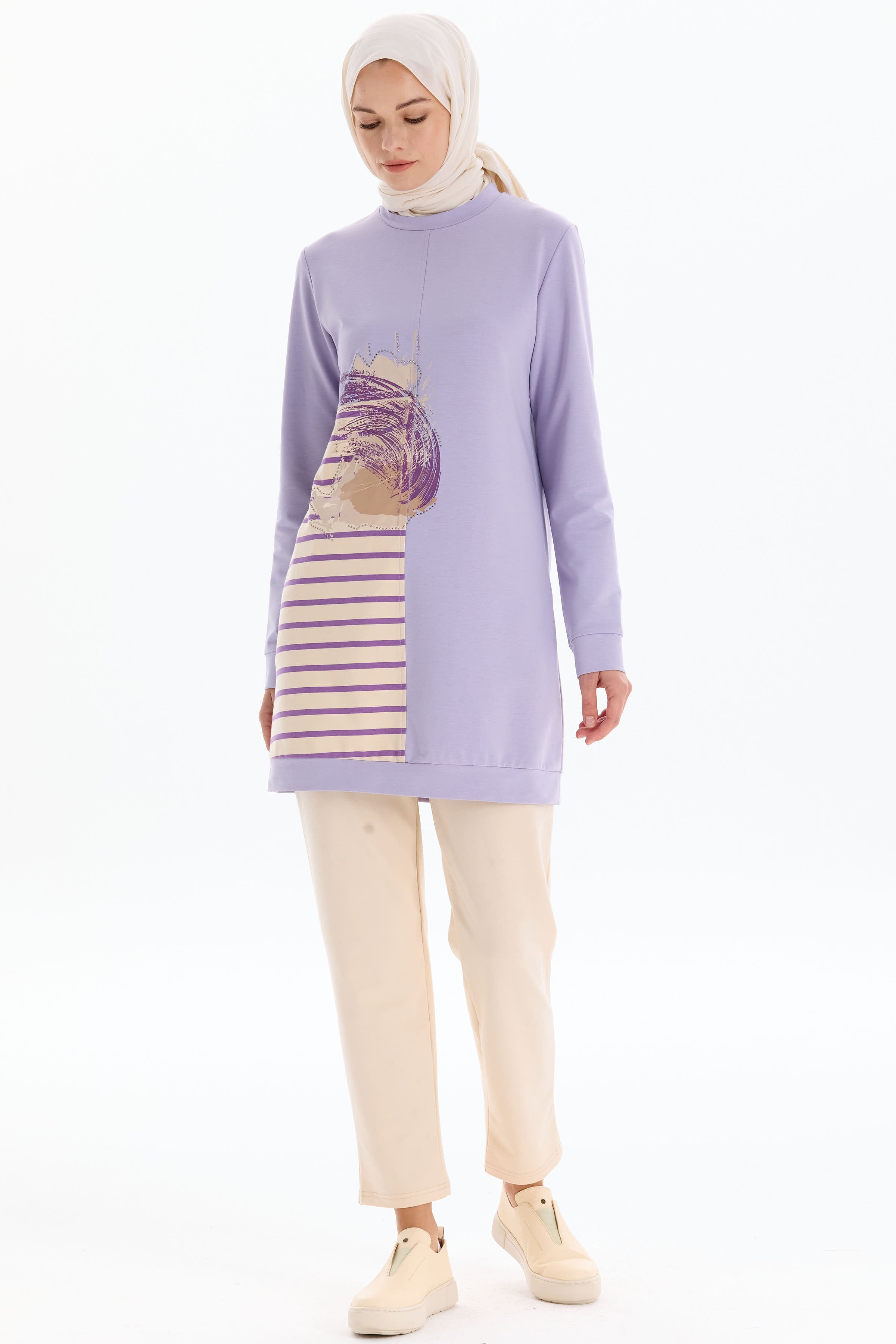 Desen Baskılı Tunik Pantolon Takım - Lila TUGBA