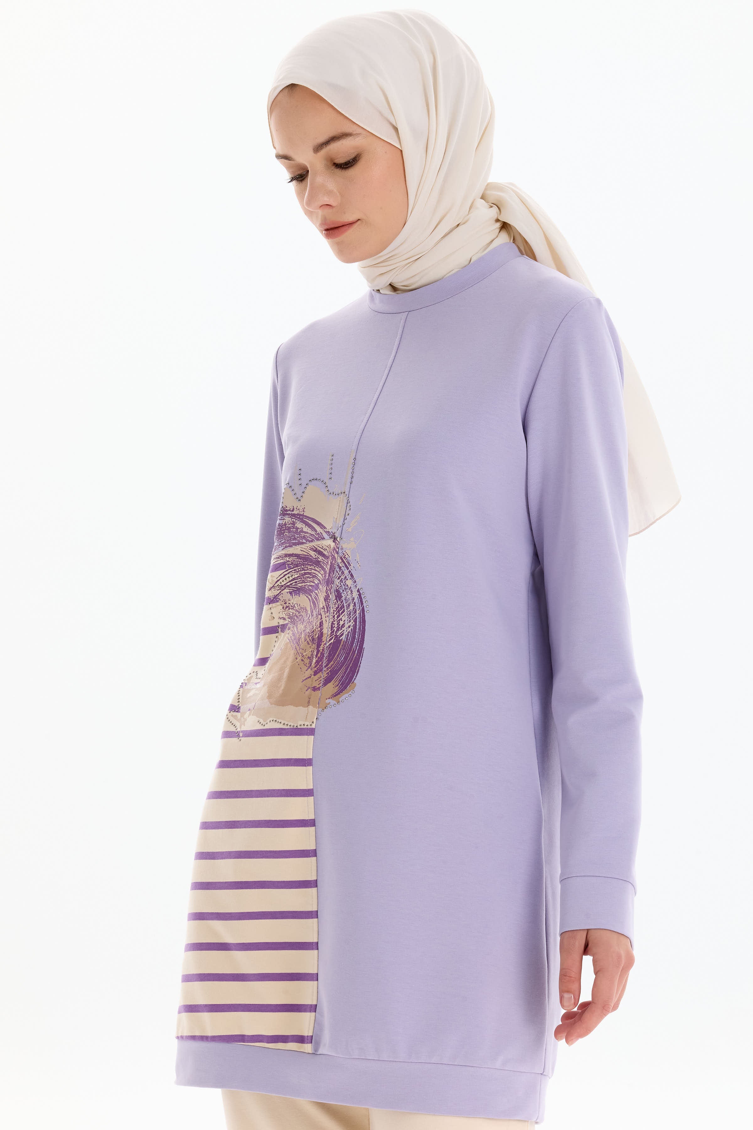 Desen Baskılı Tunik Pantolon Takım - Lila TUGBA