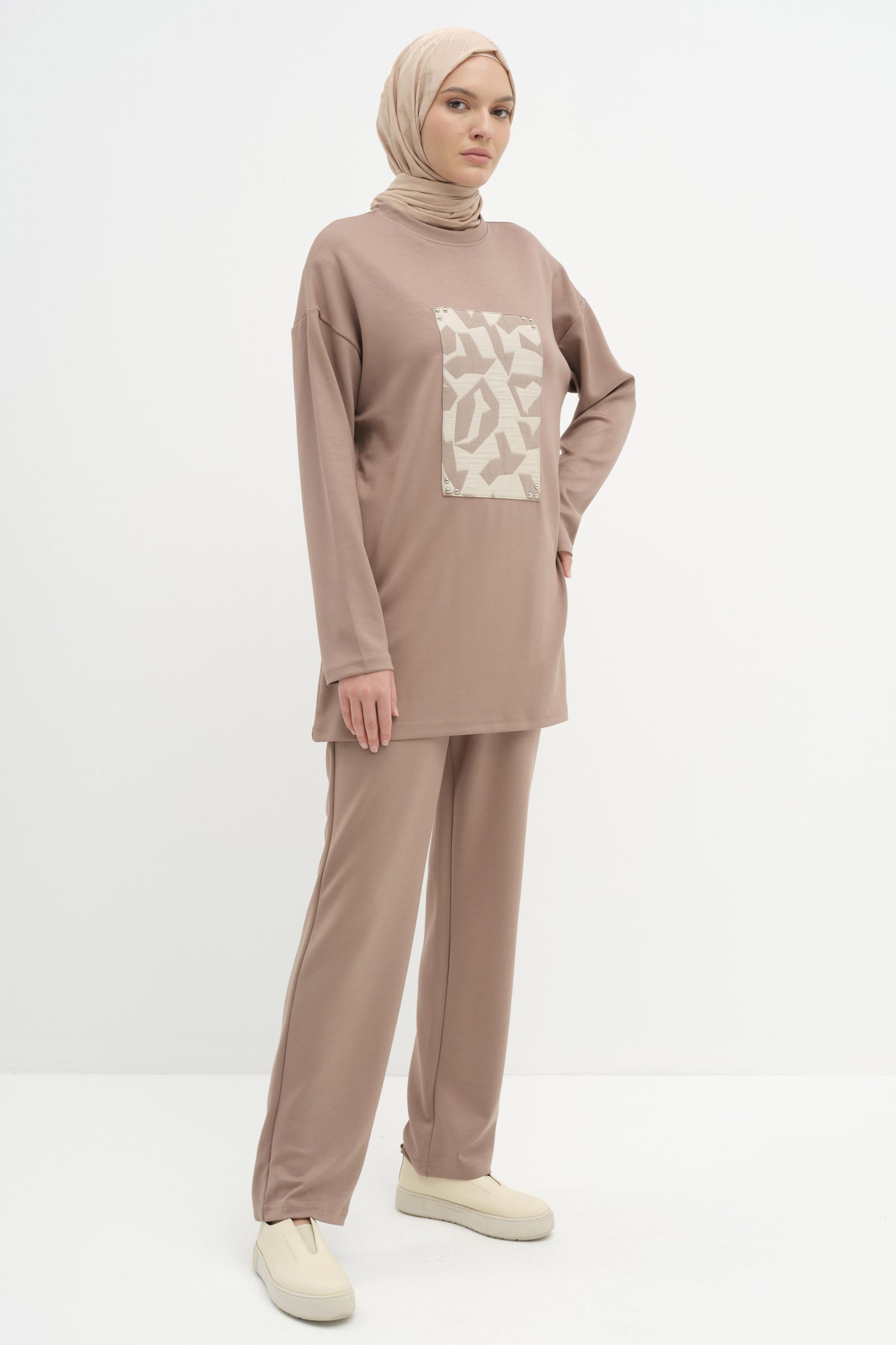 Desen Garnili Üçlü Takım - Vizon TUGBA