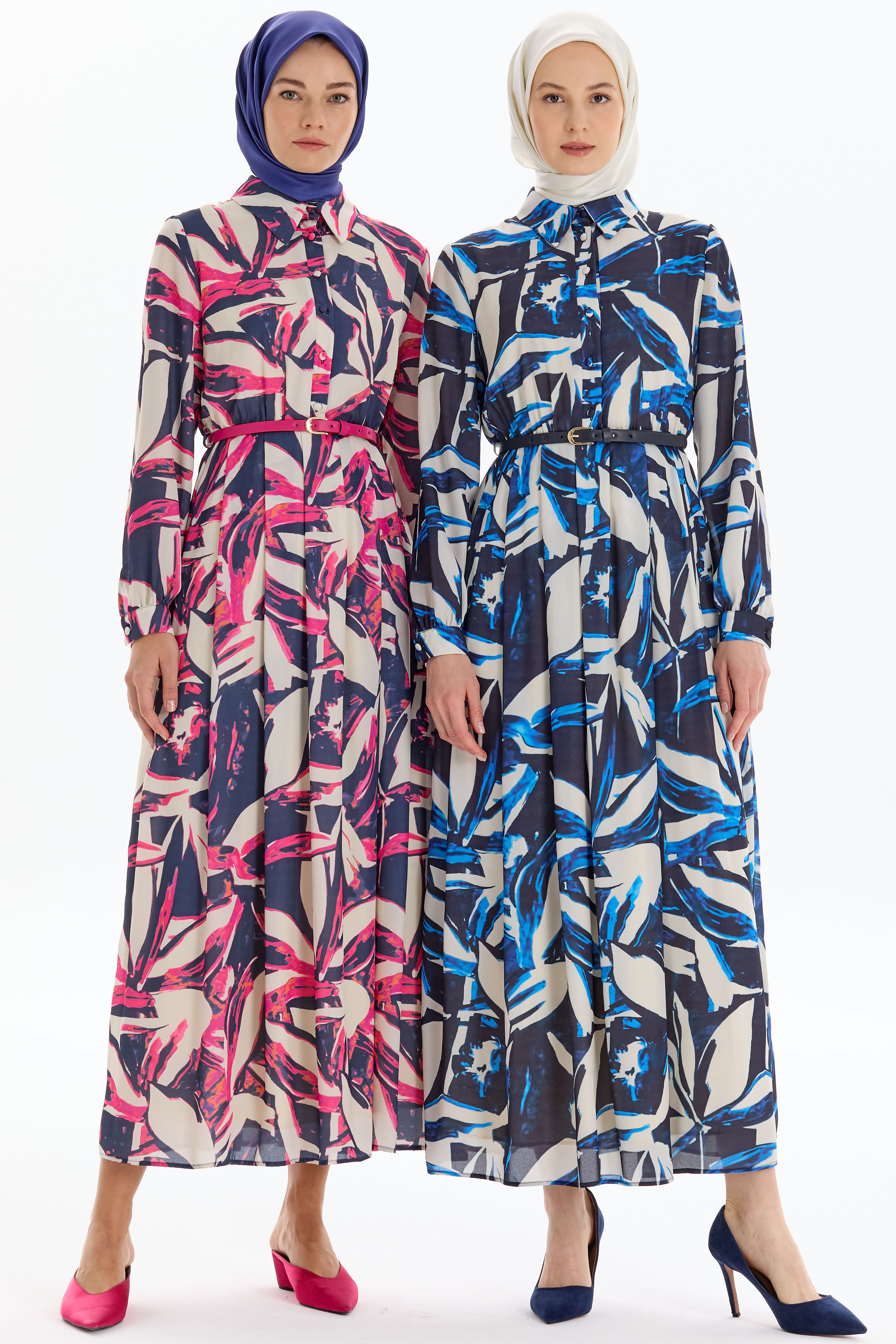 Desenli Bel Büzgü Ve Pile Detaylı Elbise - Fuşya TUGBA