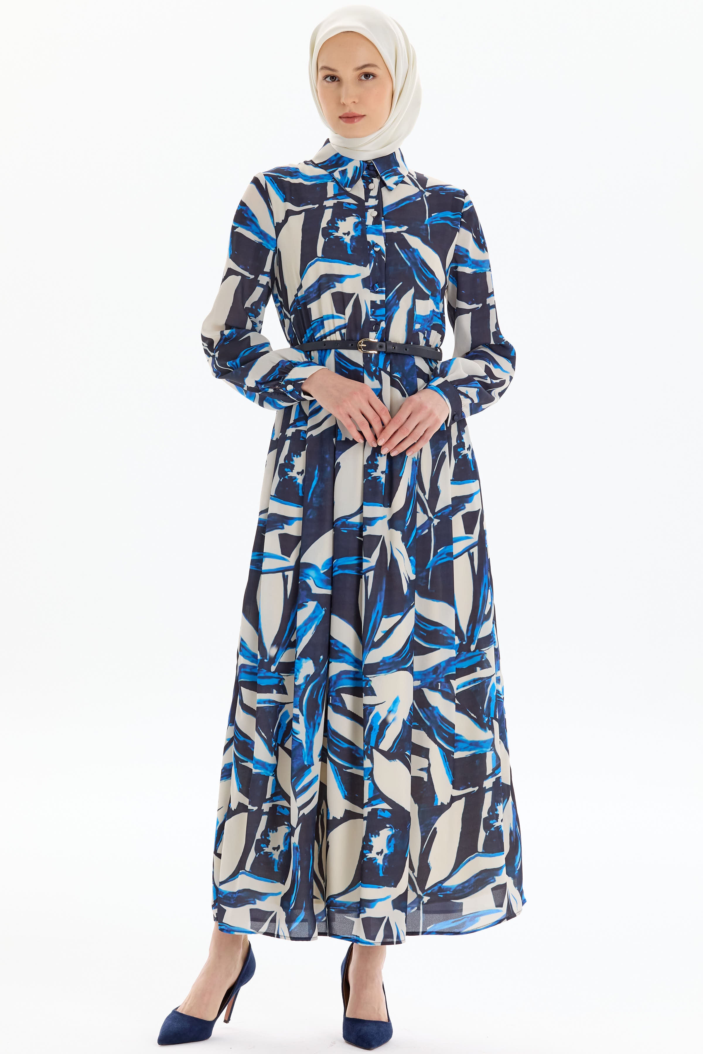 Desenli Bel Büzgü Ve Pile Detaylı Elbise - Lacivert TUGBA