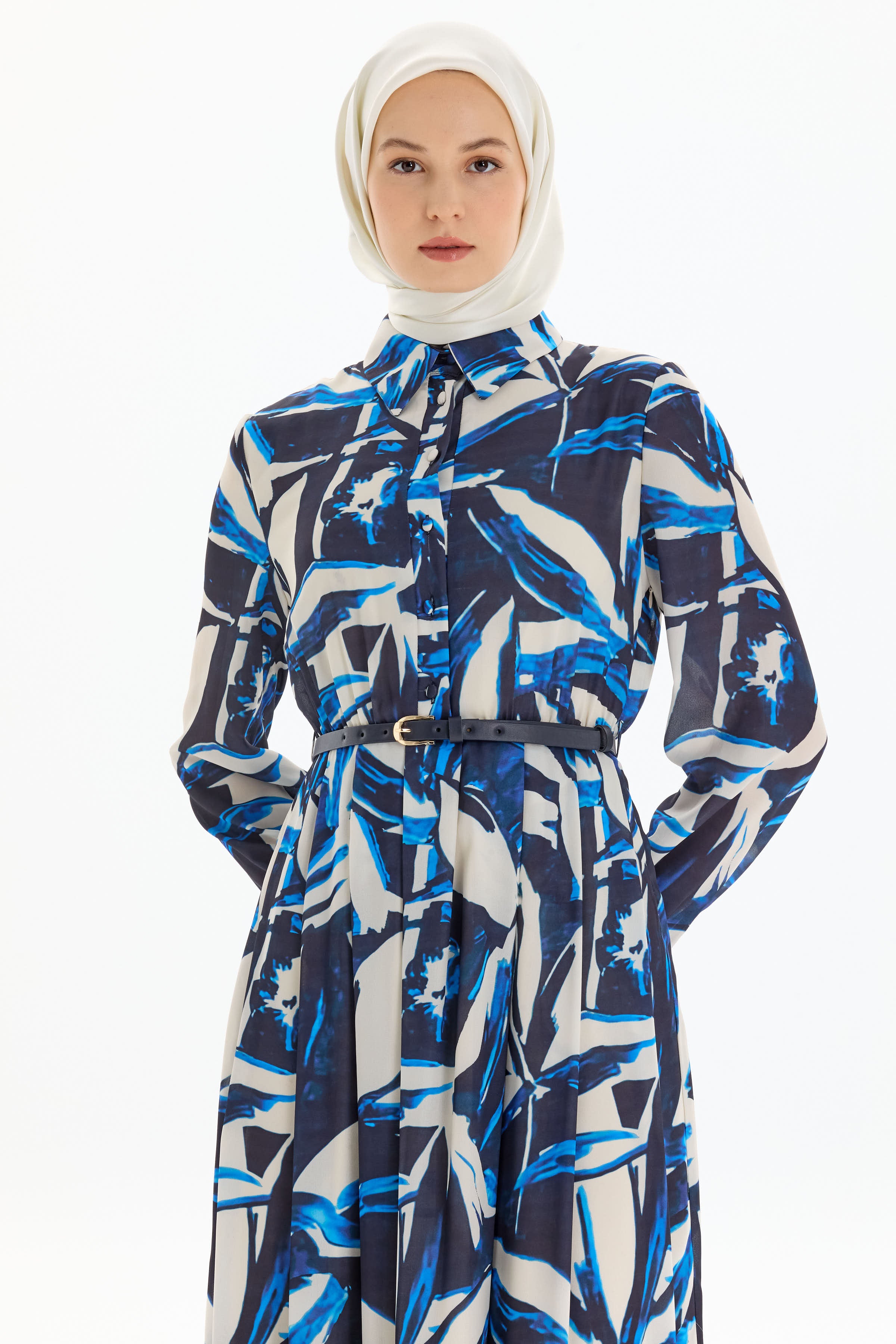 Desenli Bel Büzgü Ve Pile Detaylı Elbise - Lacivert TUGBA