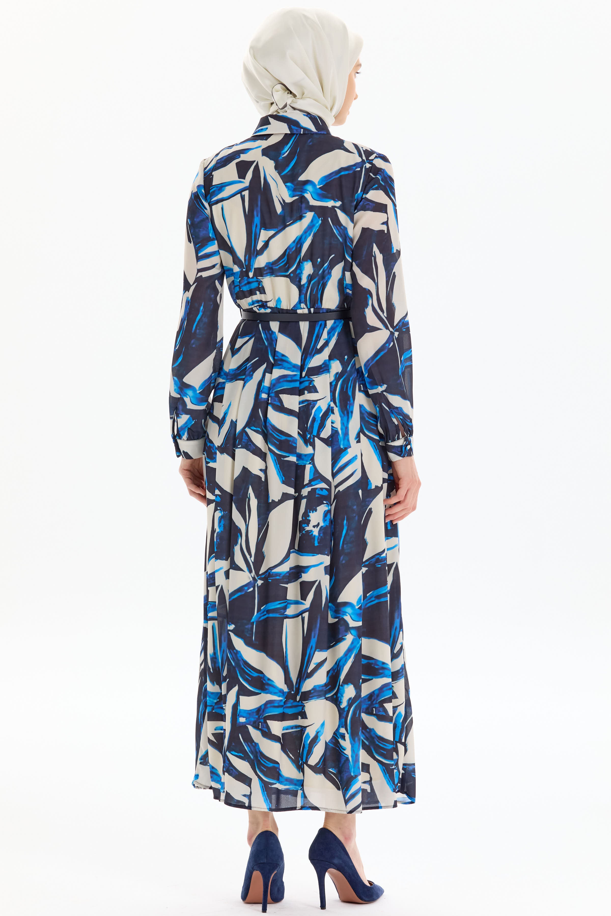 Desenli Bel Büzgü Ve Pile Detaylı Elbise - Lacivert TUGBA