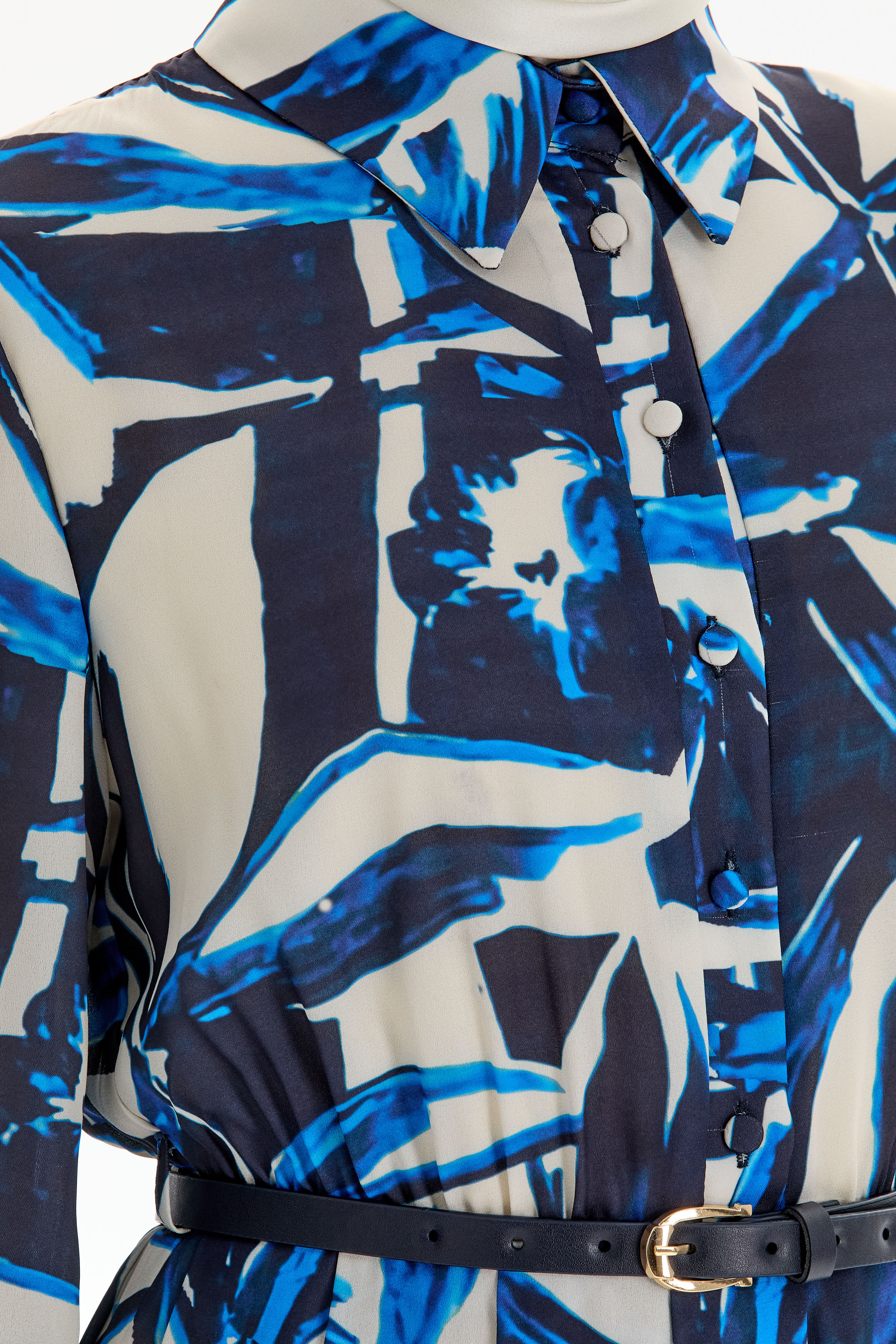 Desenli Bel Büzgü Ve Pile Detaylı Elbise - Lacivert TUGBA