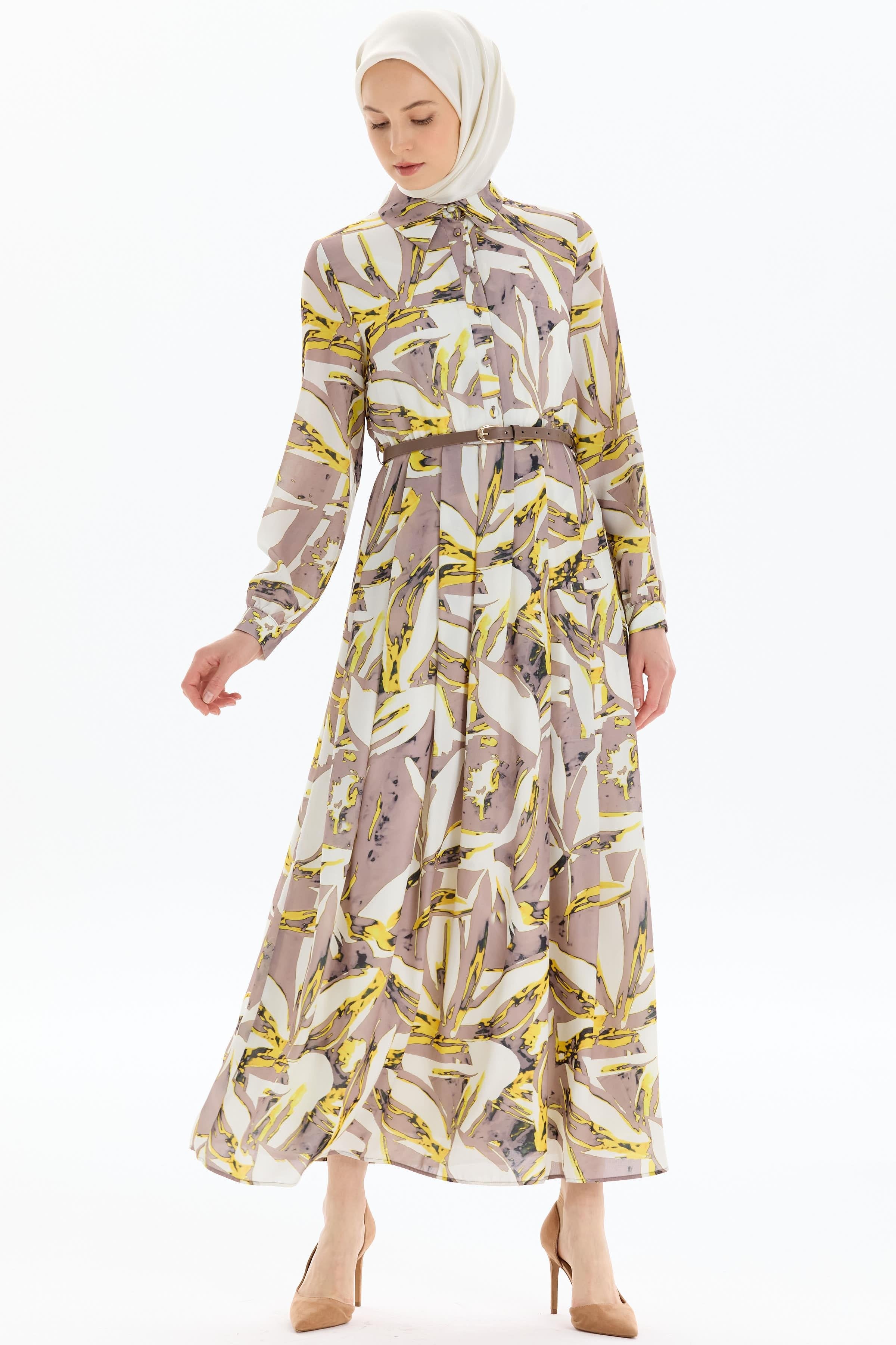 Desenli Bel Büzgü Ve Pile Detaylı Elbise - Sarı TUGBA