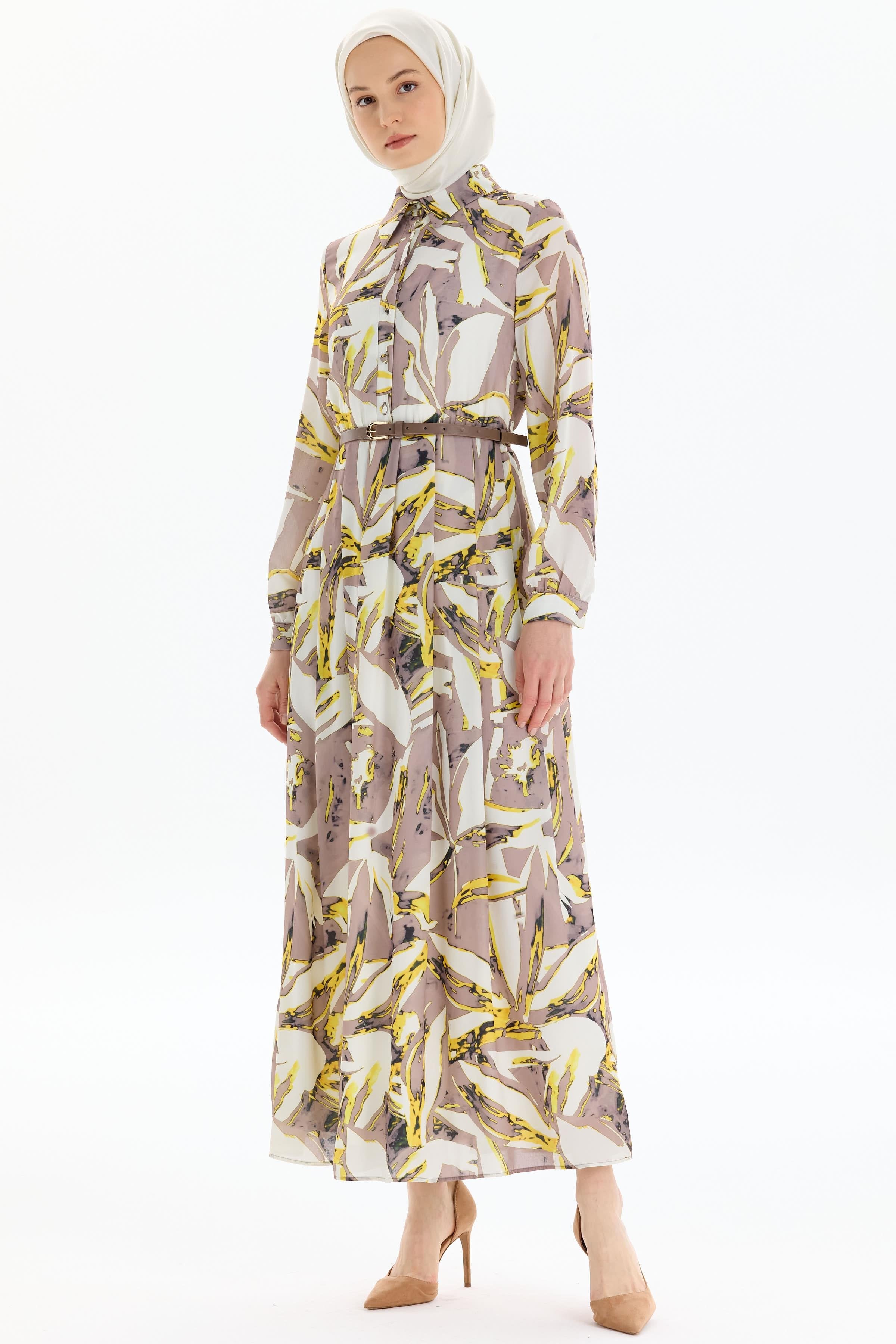 Desenli Bel Büzgü Ve Pile Detaylı Elbise - Sarı TUGBA