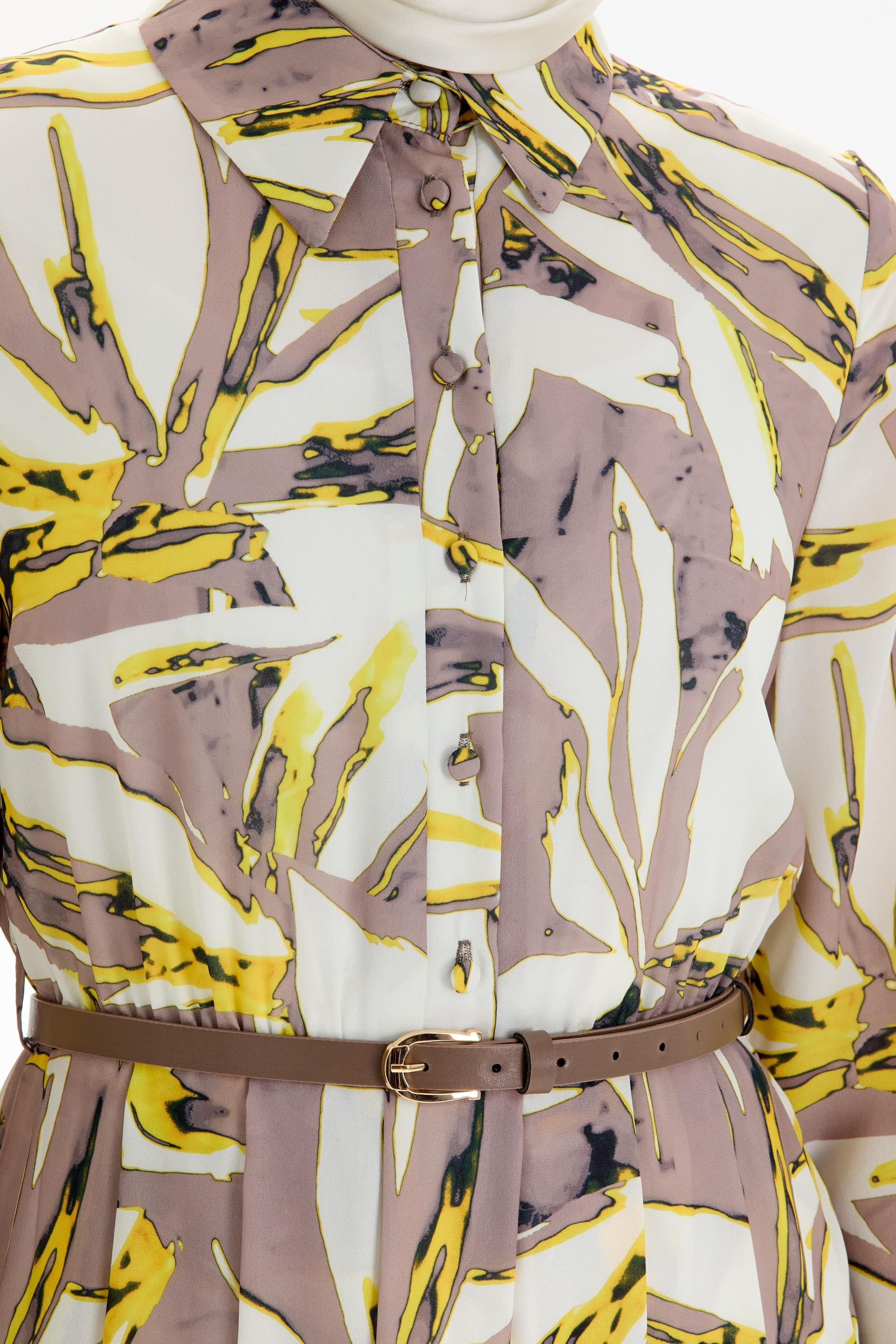 Desenli Bel Büzgü Ve Pile Detaylı Elbise - Sarı TUGBA