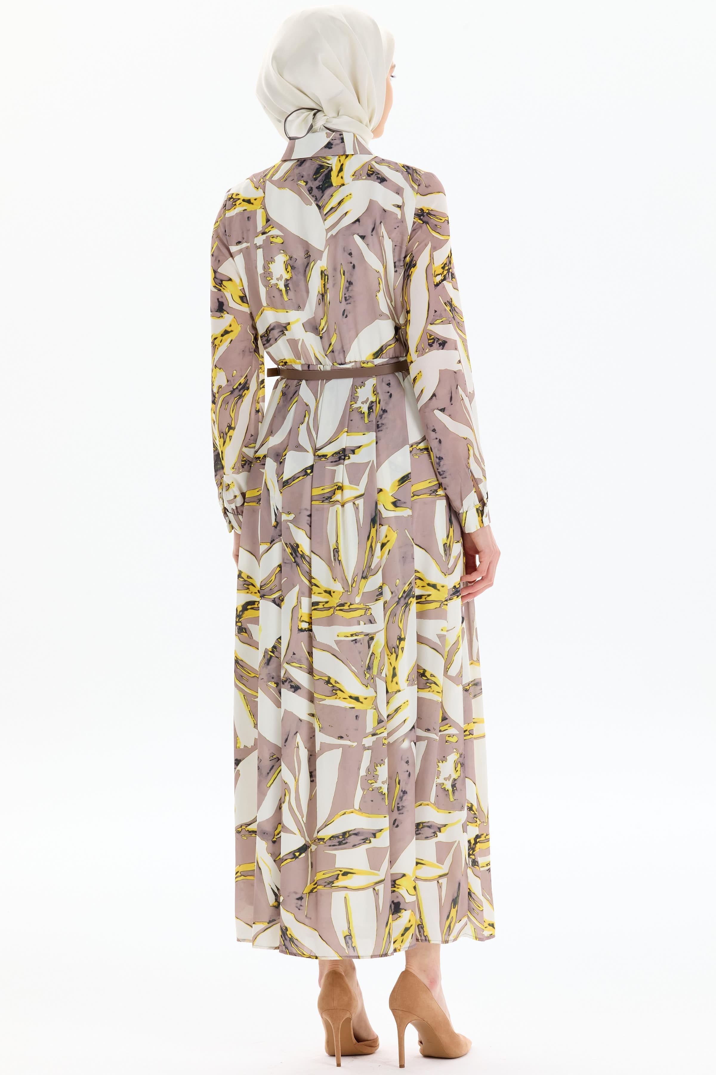 Desenli Bel Büzgü Ve Pile Detaylı Elbise - Sarı TUGBA