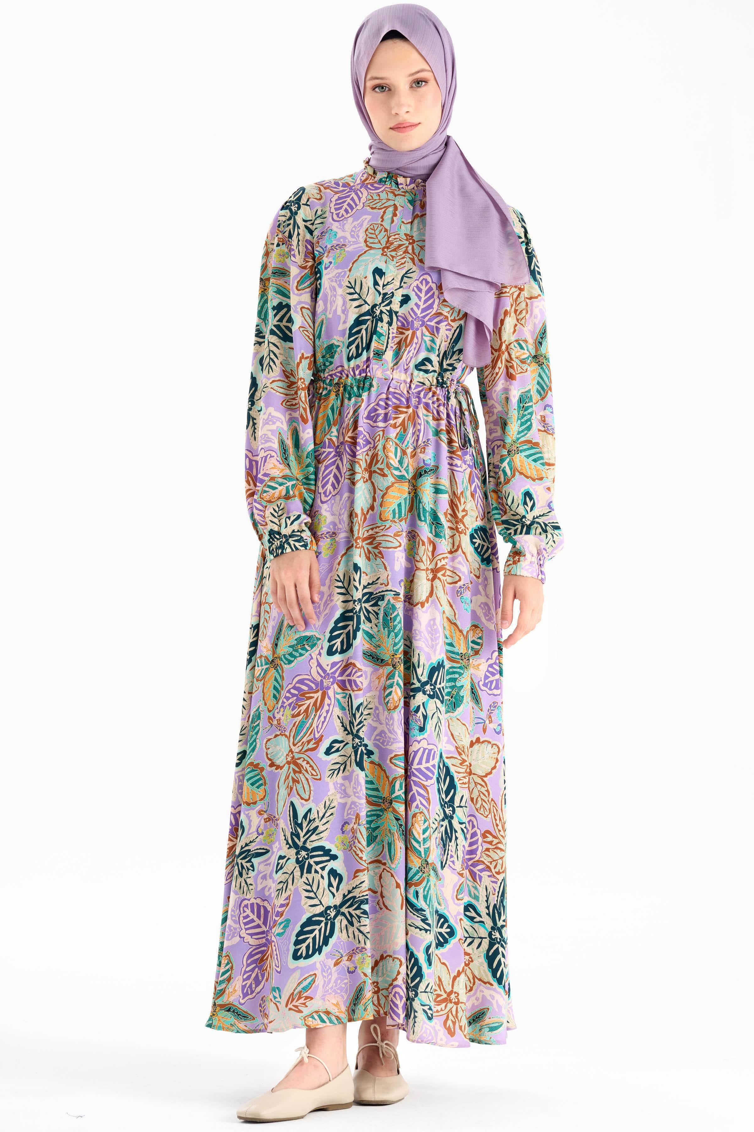 Desenli Bel Büzgülü Elbise - Lila TUGBA