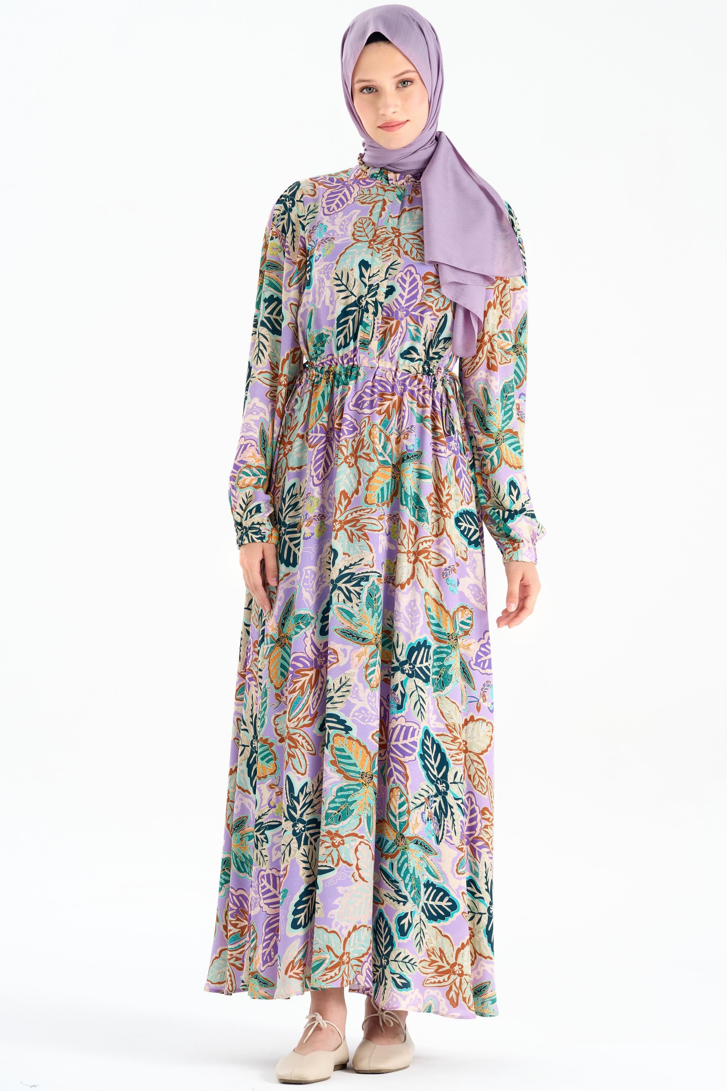 Desenli Bel Büzgülü Elbise - Lila TUGBA