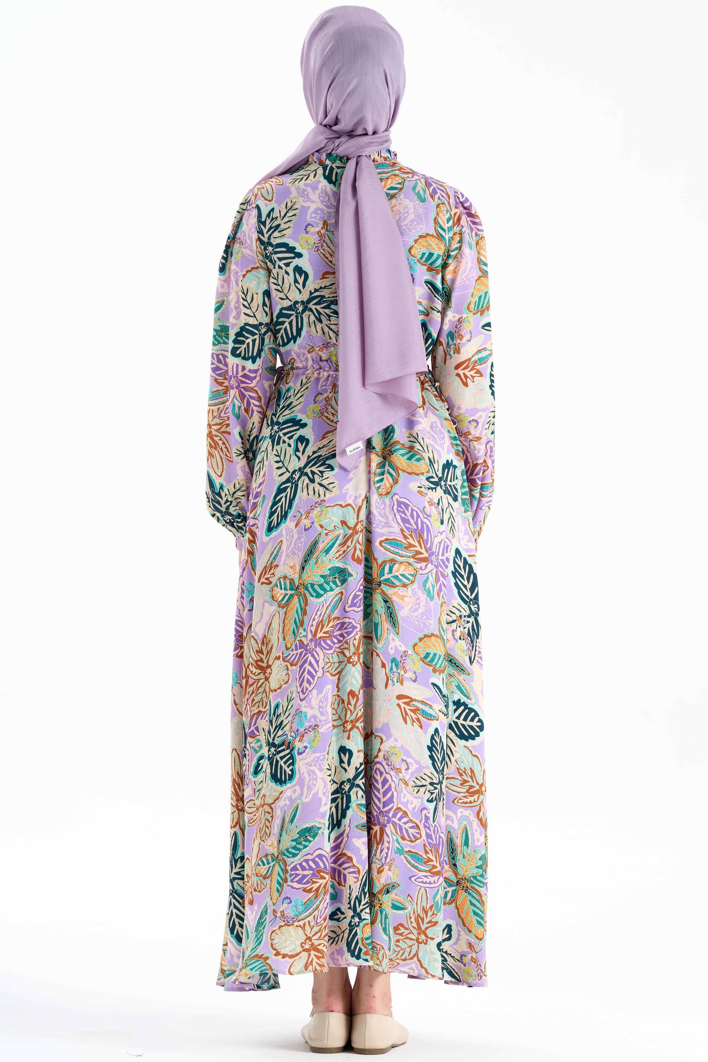 Desenli Bel Büzgülü Elbise - Lila TUGBA