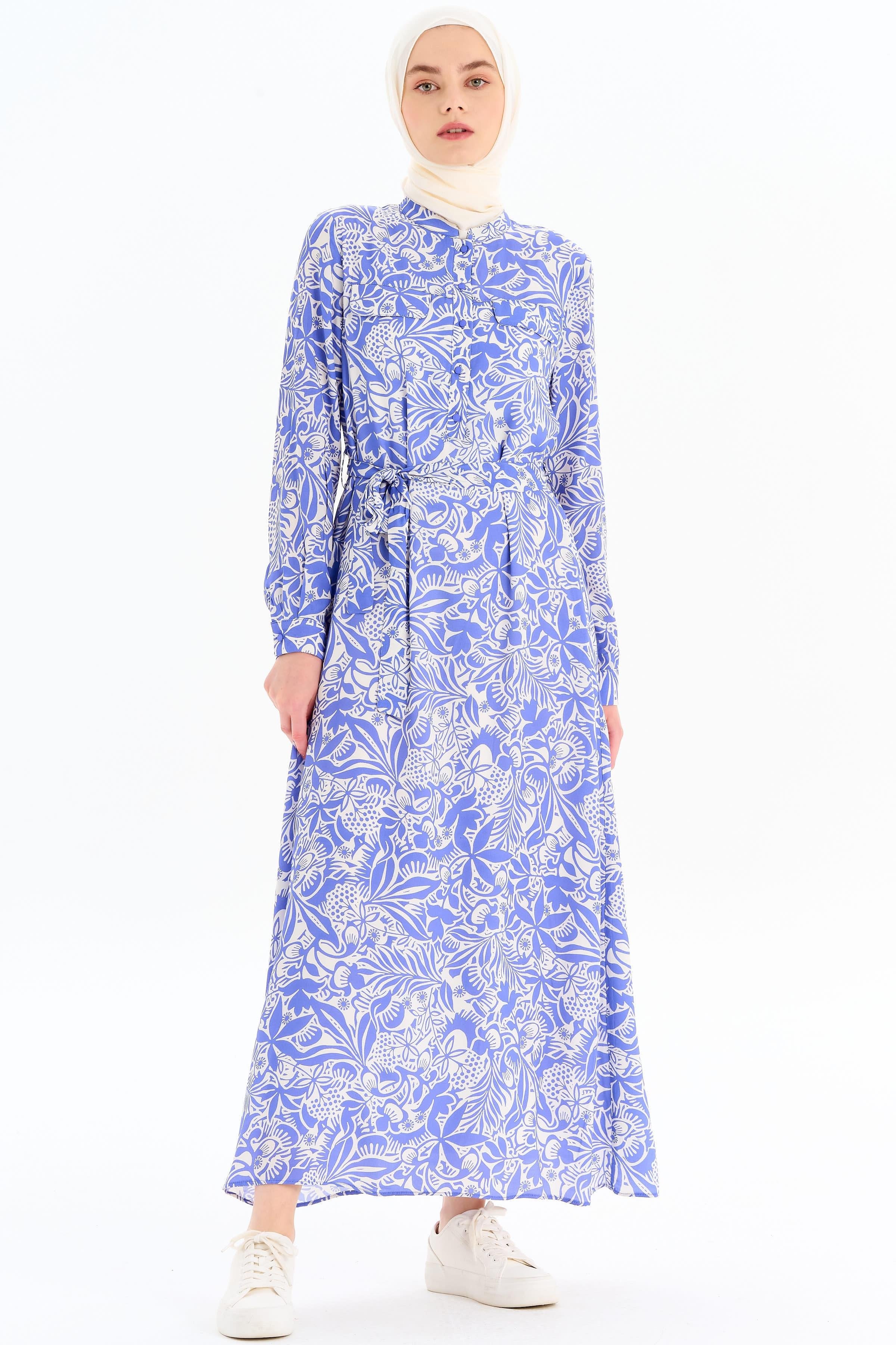 Desenli Bel Kuşaklı Elbise - Lila TUGBA