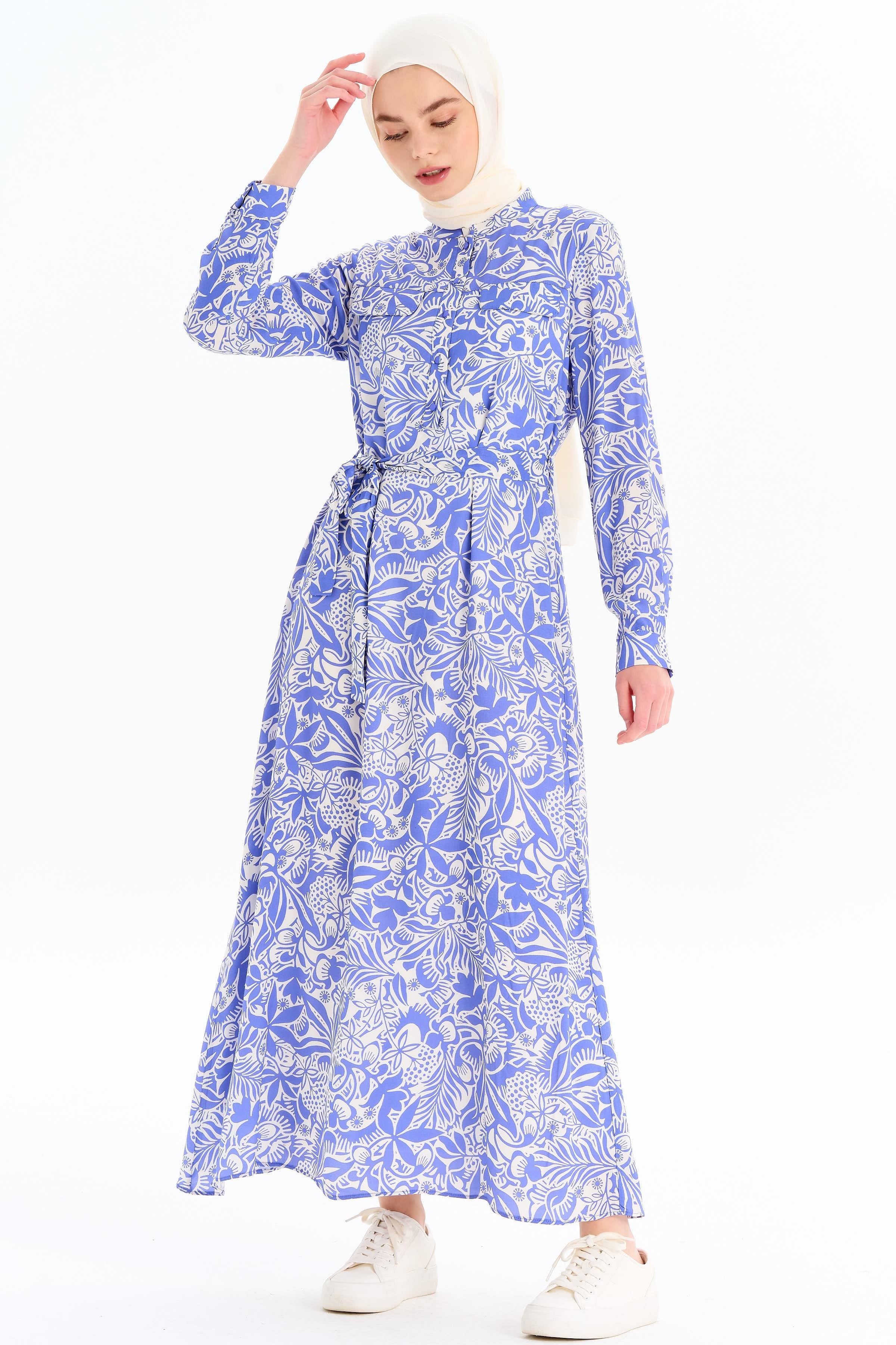 Desenli Bel Kuşaklı Elbise - Lila TUGBA