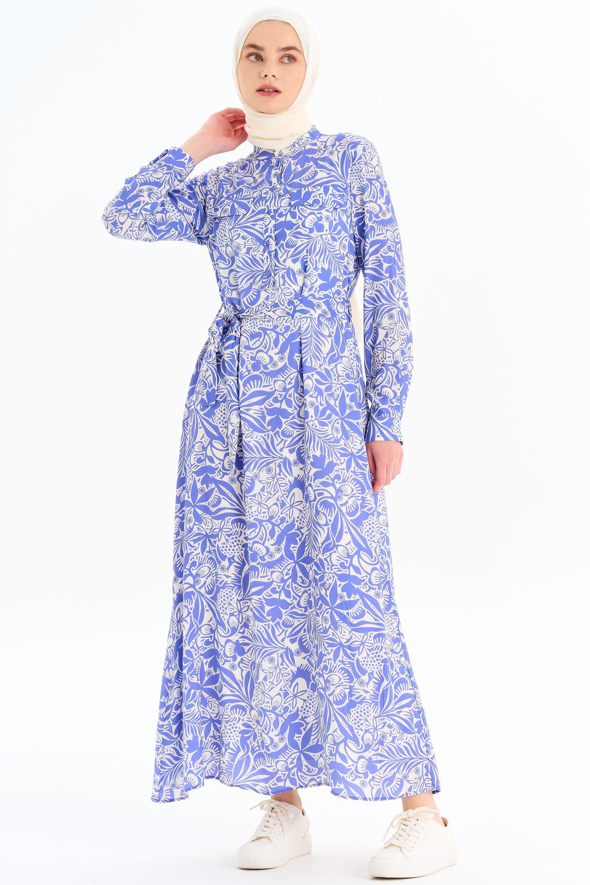 Desenli Bel Kuşaklı Elbise - Lila TUGBA